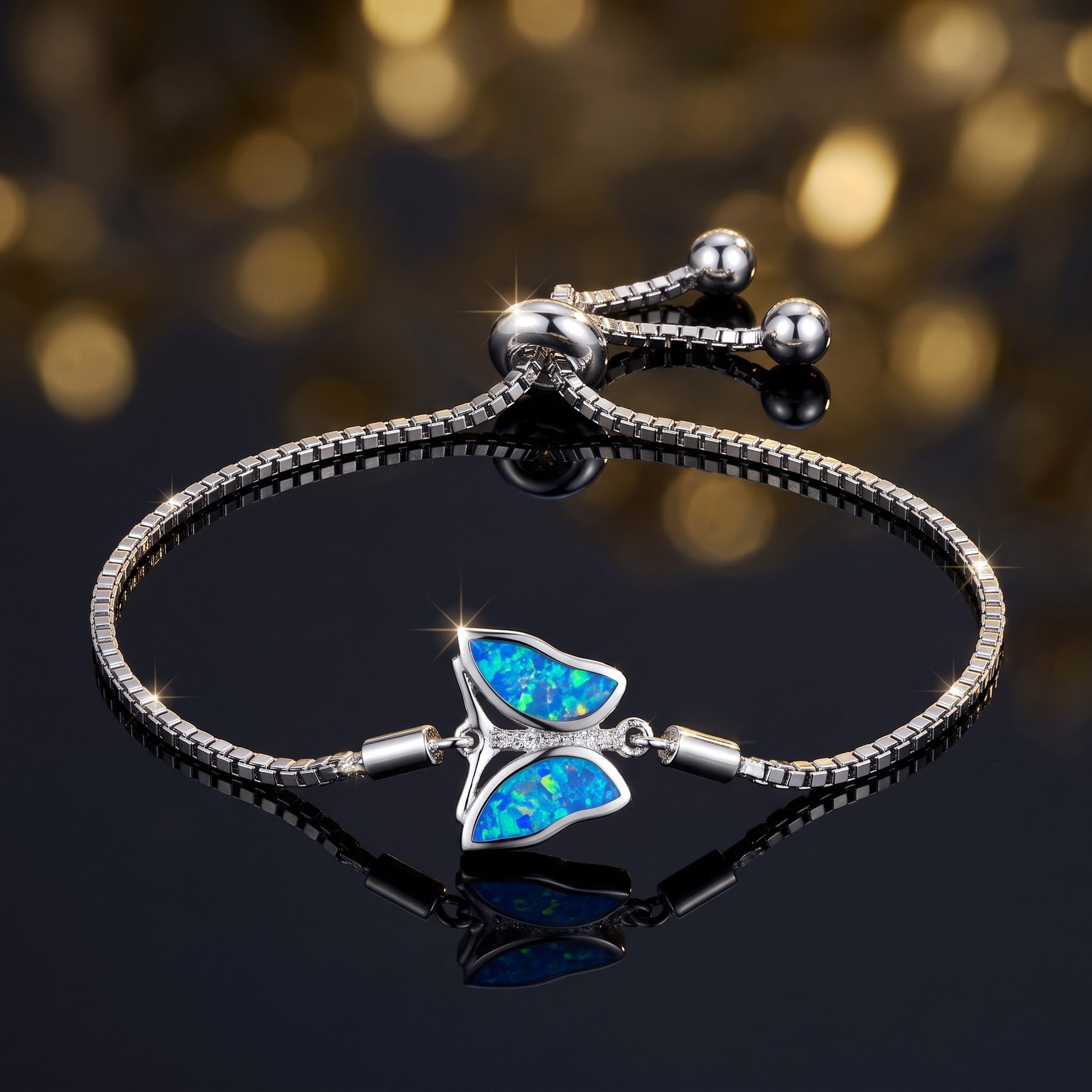 Sterling Silver Clear CZ & Blue Opal Butterfly Box Bracelet for Women, Chain Link, Dainty Everyday Jewelry Gift view 3