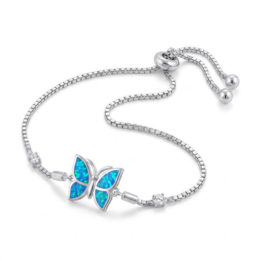 Sterling Silver Clear CZ & Blue Opal Butterfly Box Bracelet for Women, Chain Link, Dainty Everyday Jewelry Gift