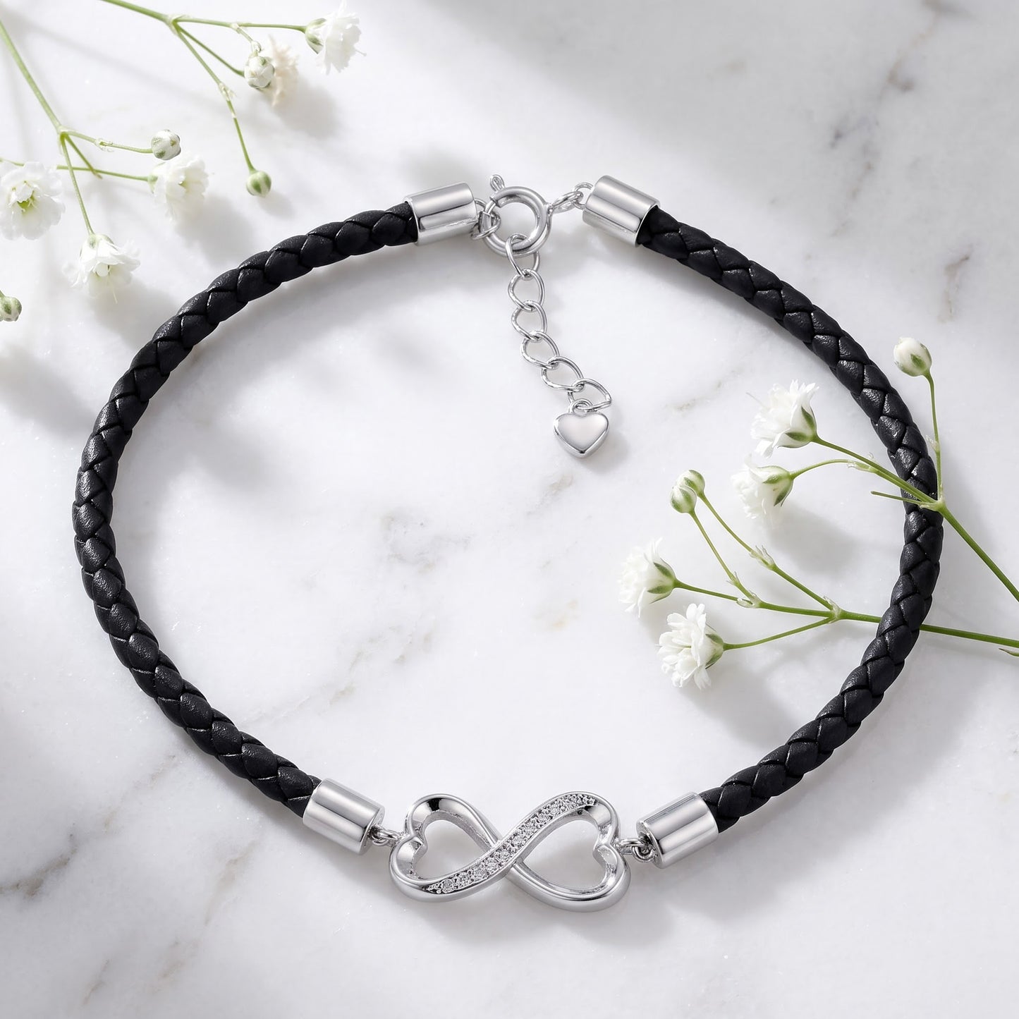 Sterling Silver Black Leather Infinity CZ Bracelet for Women, Dainty Everyday Jewelry Gift view 1