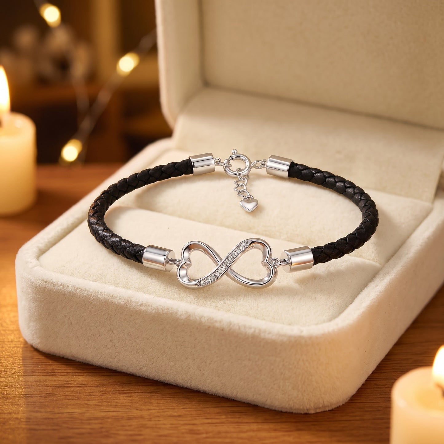 Sterling Silver Black Leather Infinity CZ Bracelet for Women, Dainty Everyday Jewelry Gift view 2