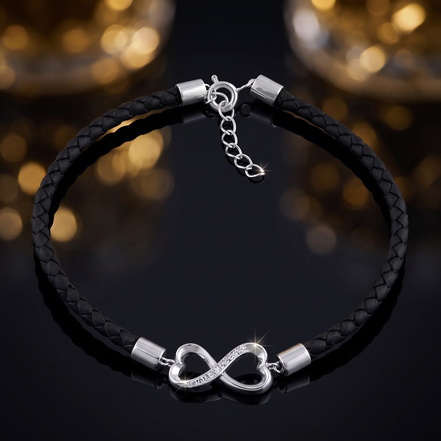 Sterling Silver Black Leather Infinity CZ Bracelet for Women, Dainty Everyday Jewelry Gift view 3