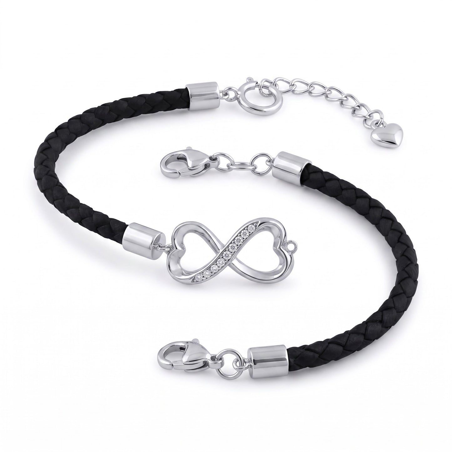 Sterling Silver Black Leather Infinity CZ Bracelet for Women, Dainty Everyday Jewelry Gift