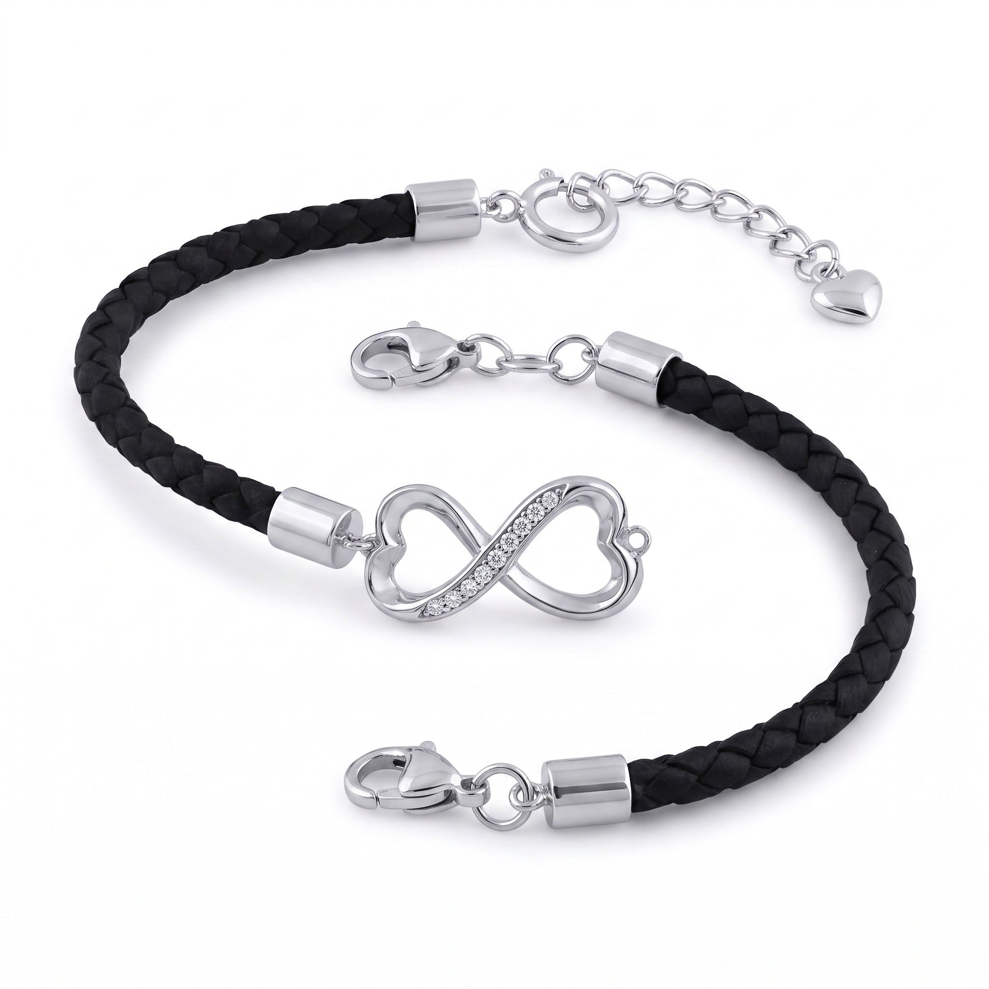 Sterling Silver Black Leather Infinity CZ Bracelet for Women, Dainty Everyday Jewelry Gift