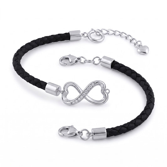 Sterling Silver Black Leather Infinity CZ Bracelet for Women, Dainty Everyday Jewelry Gift