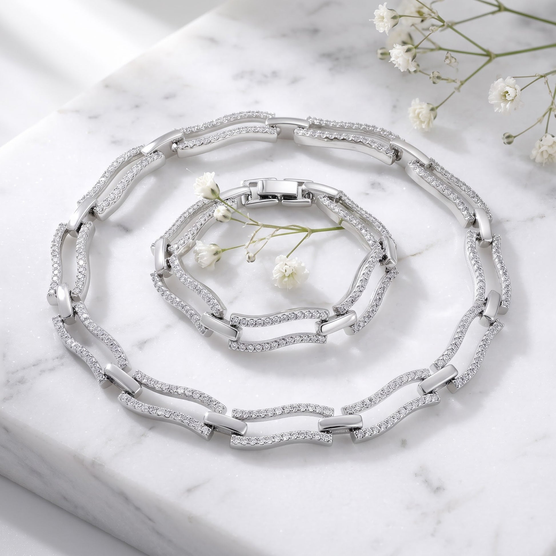 Sterling Silver Clear CZ Stylish Wave Bracelet for Women, Chain Link, Dainty Everyday Jewelry Gift view 1