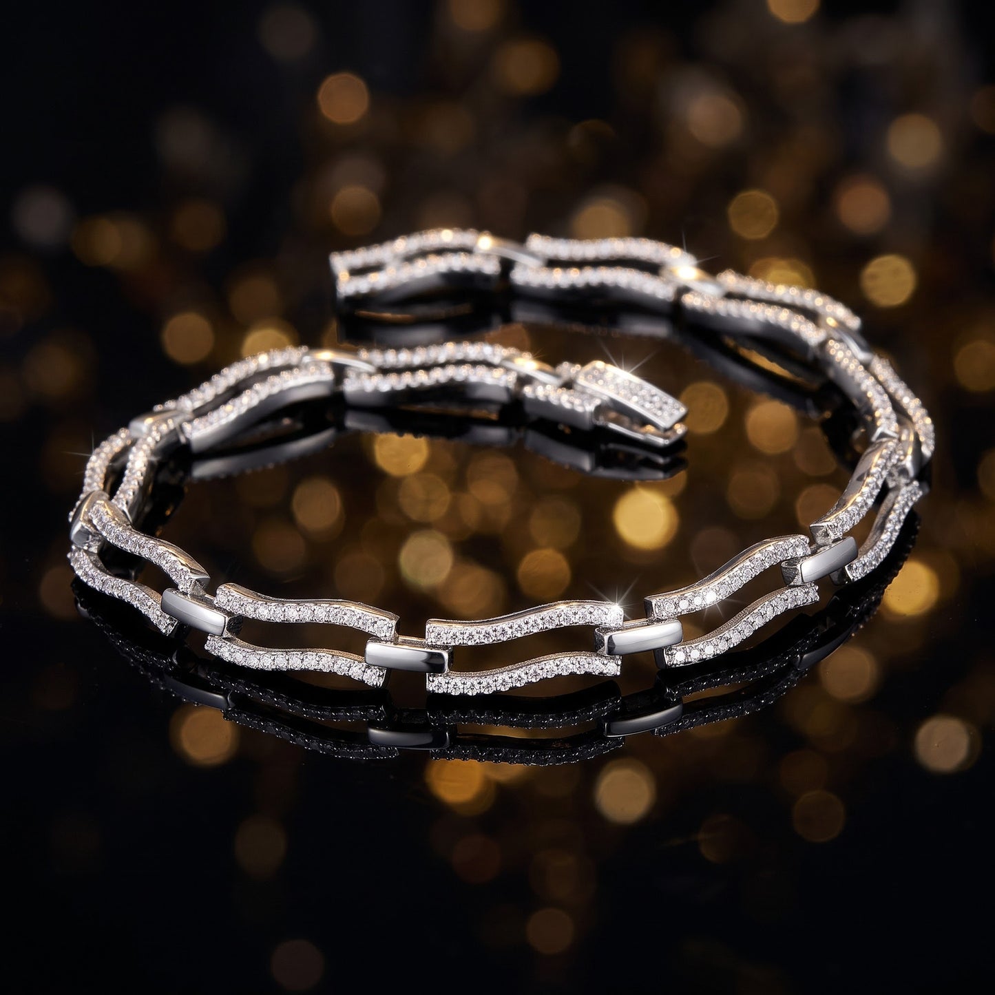 Sterling Silver Clear CZ Stylish Wave Bracelet for Women, Chain Link, Dainty Everyday Jewelry Gift view 3