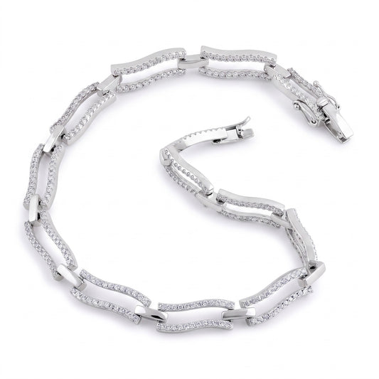 Sterling Silver Clear CZ Stylish Wave Bracelet for Women, Chain Link, Dainty Everyday Jewelry Gift