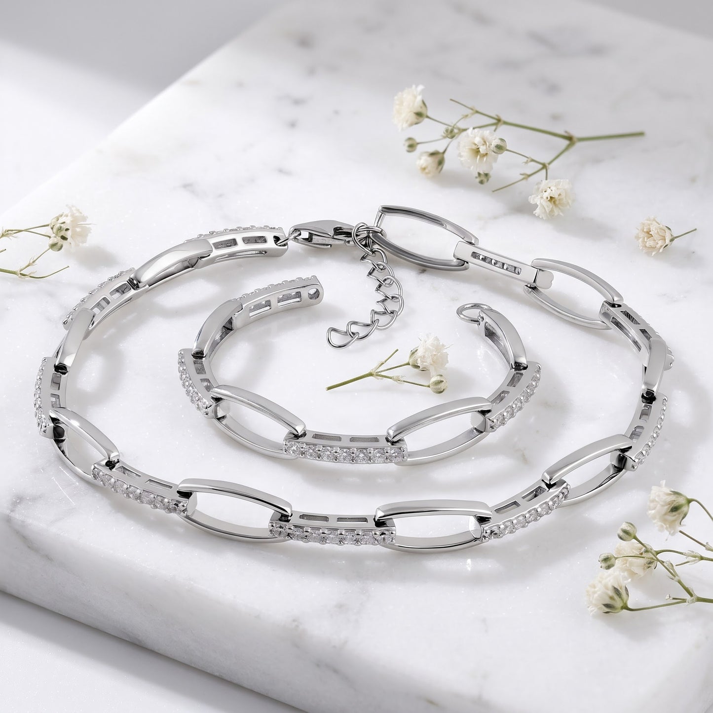 Sterling Silver Elegant Clear CZ Link Bracelet for Women, Chain Link, Dainty Everyday Jewelry Gift view 1