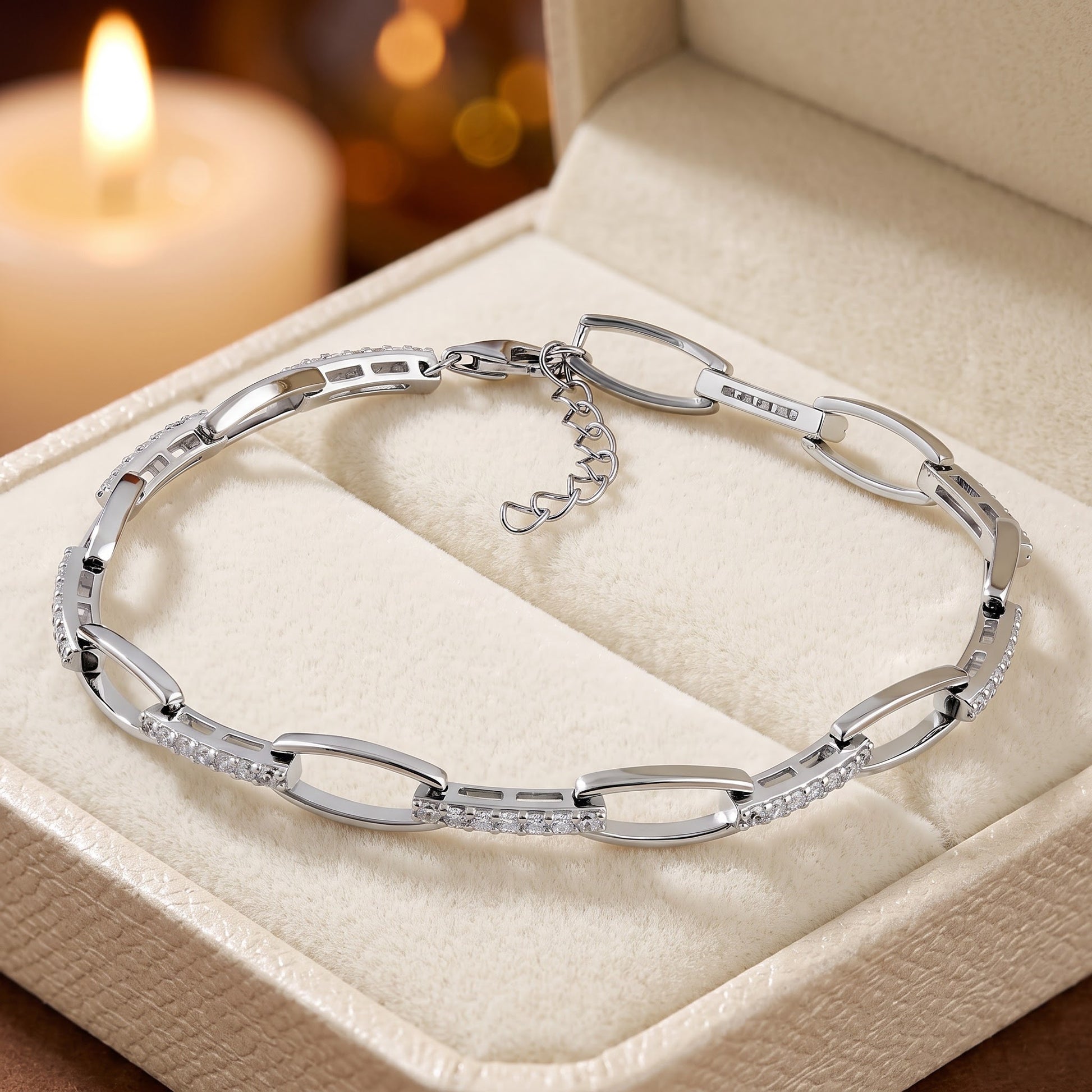 Sterling Silver Elegant Clear CZ Link Bracelet for Women, Chain Link, Dainty Everyday Jewelry Gift view 2