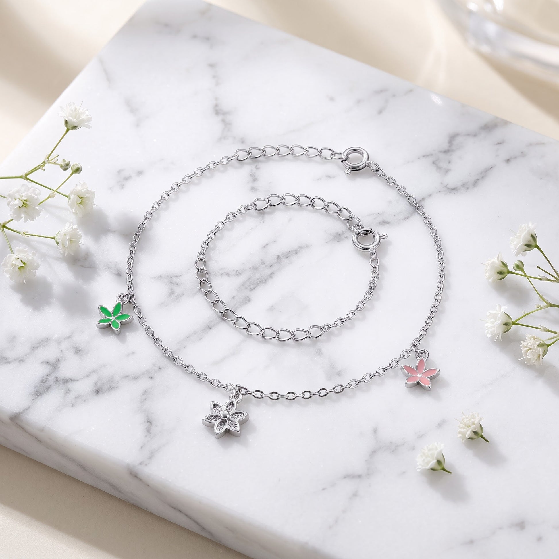 Sterling Silver Dainty Multi-Colored Charm Flower Hand Painted Clear CZ Bracelet for Women, Dainty Everyday Jewelry Gift view 1