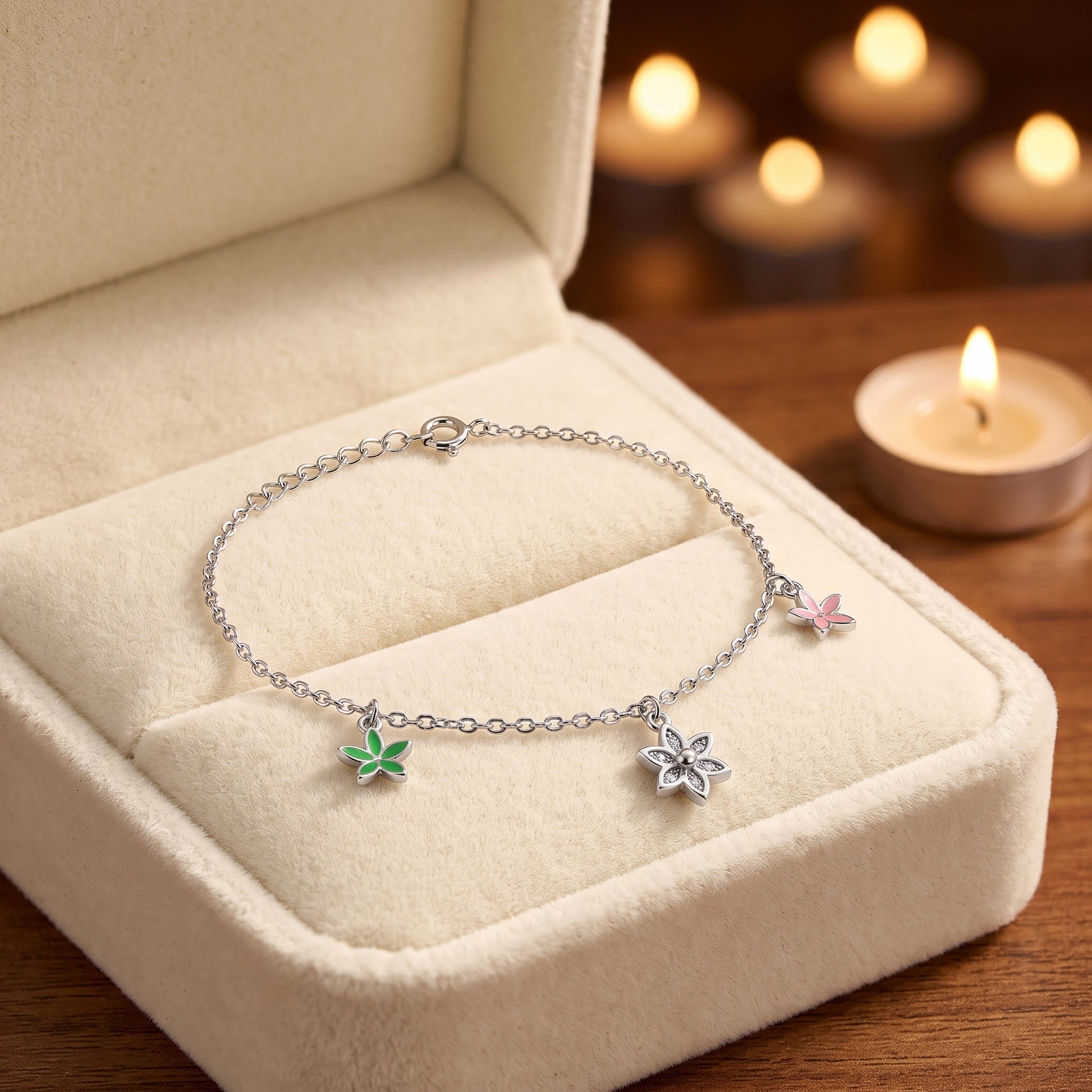Sterling Silver Dainty Multi-Colored Charm Flower Hand Painted Clear CZ Bracelet for Women, Dainty Everyday Jewelry Gift view 2