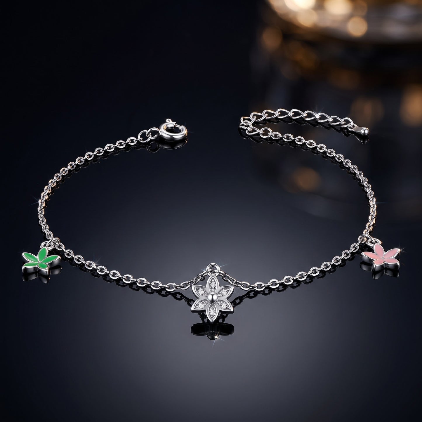Sterling Silver Dainty Multi-Colored Charm Flower Hand Painted Clear CZ Bracelet for Women, Dainty Everyday Jewelry Gift view 3