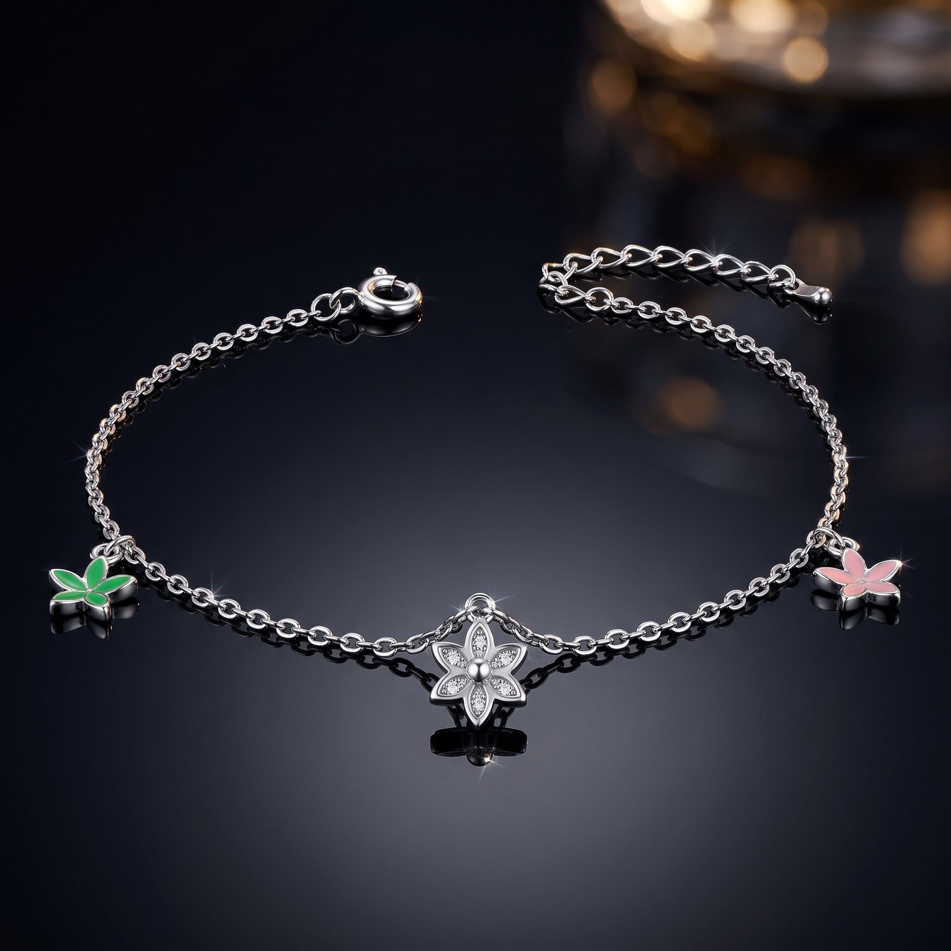Sterling Silver Dainty Multi-Colored Charm Flower Hand Painted Clear CZ Bracelet for Women, Dainty Everyday Jewelry Gift view 3