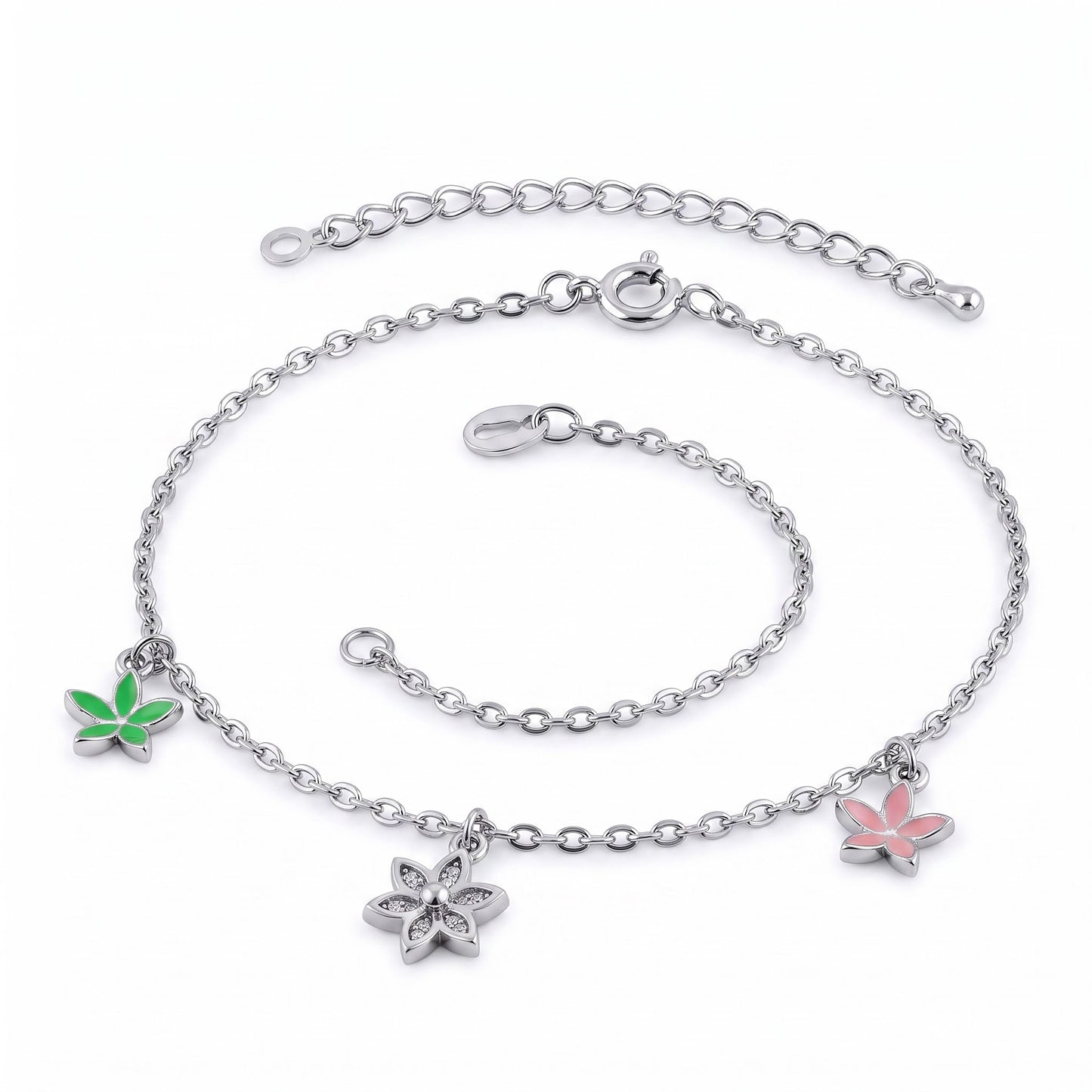 Sterling Silver Dainty Multi-Colored Charm Flower Hand Painted Clear CZ Bracelet for Women, Dainty Everyday Jewelry Gift