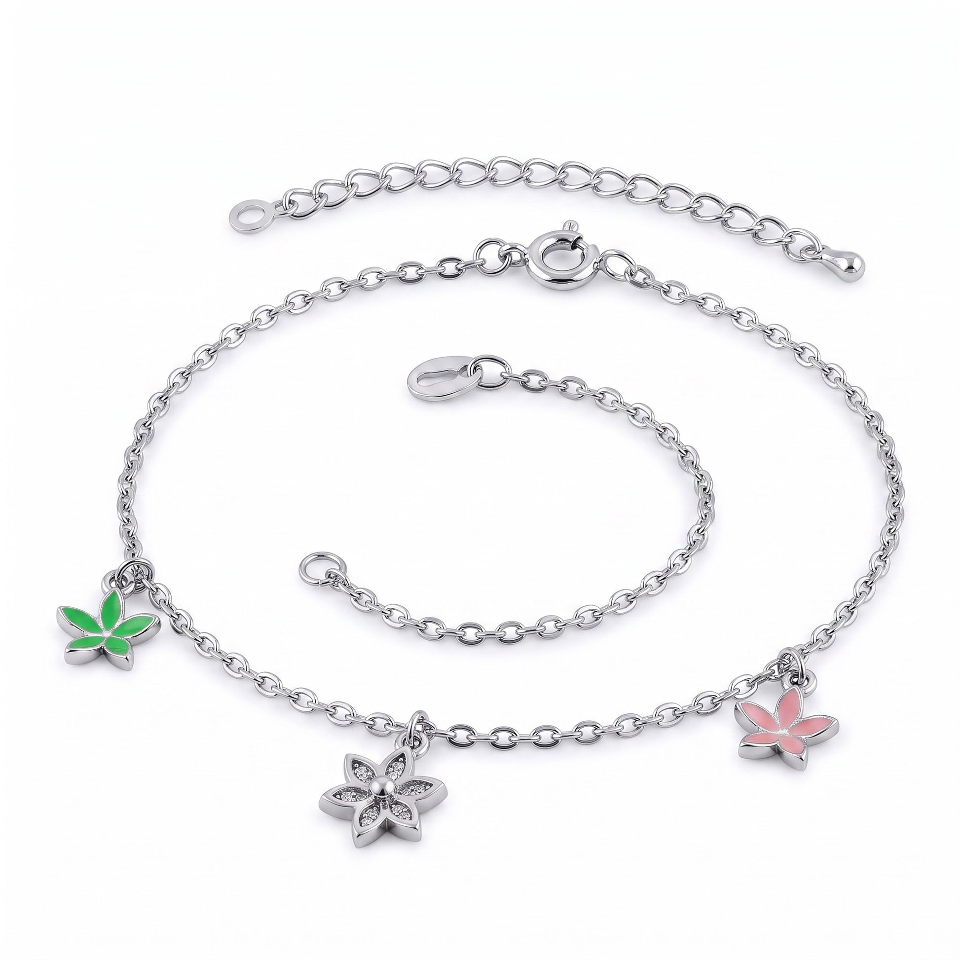 Sterling Silver Dainty Multi-Colored Charm Flower Hand Painted Clear CZ Bracelet for Women, Dainty Everyday Jewelry Gift
