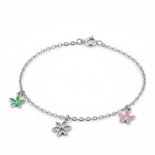 Sterling Silver Dainty Multi-Colored Charm Flower Hand Painted Clear CZ Bracelet for Women, Dainty Everyday Jewelry Gift