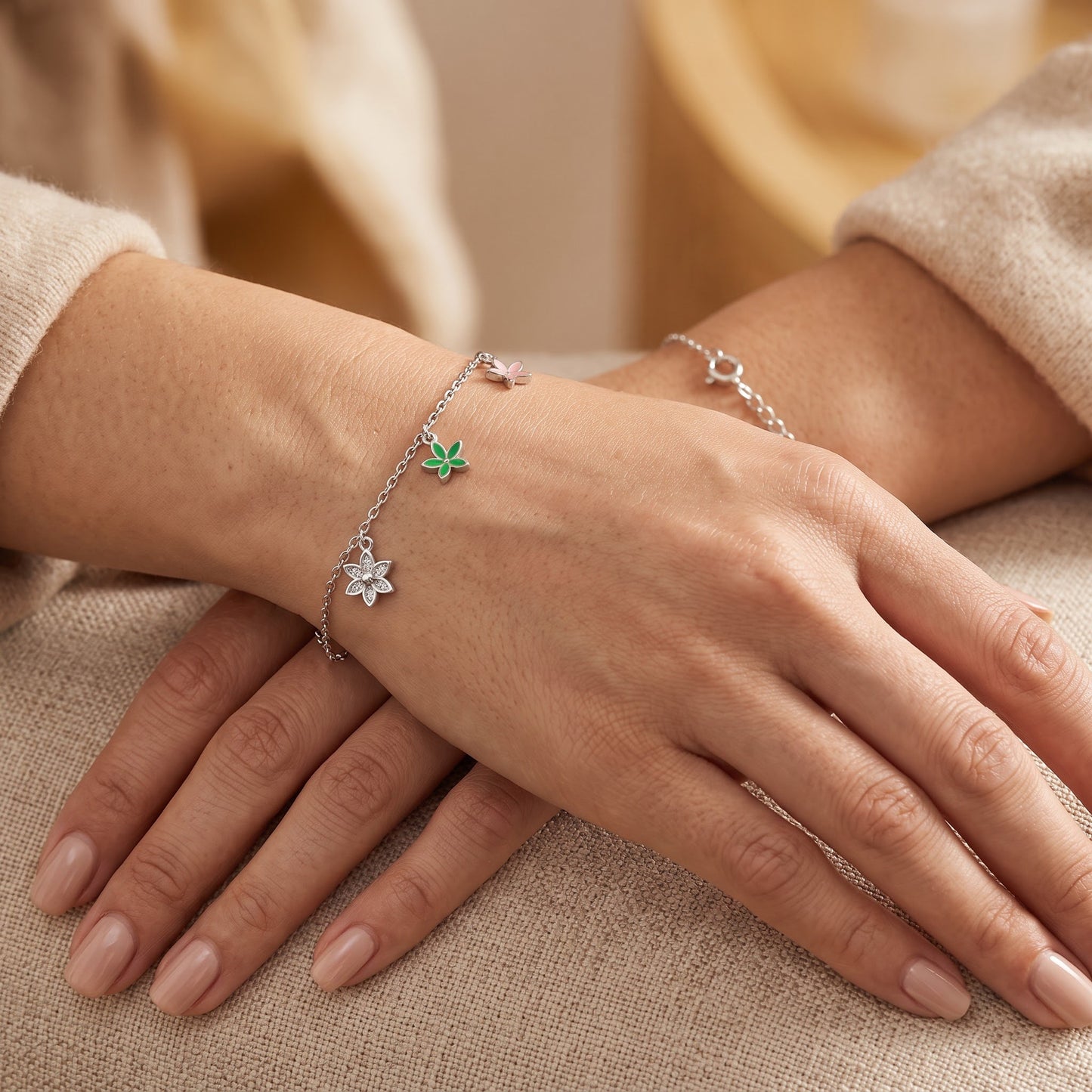 Sterling Silver Dainty Multi-Colored Charm Flower Hand Painted Clear CZ Bracelet for Women, Dainty Everyday Jewelry Gift view 4