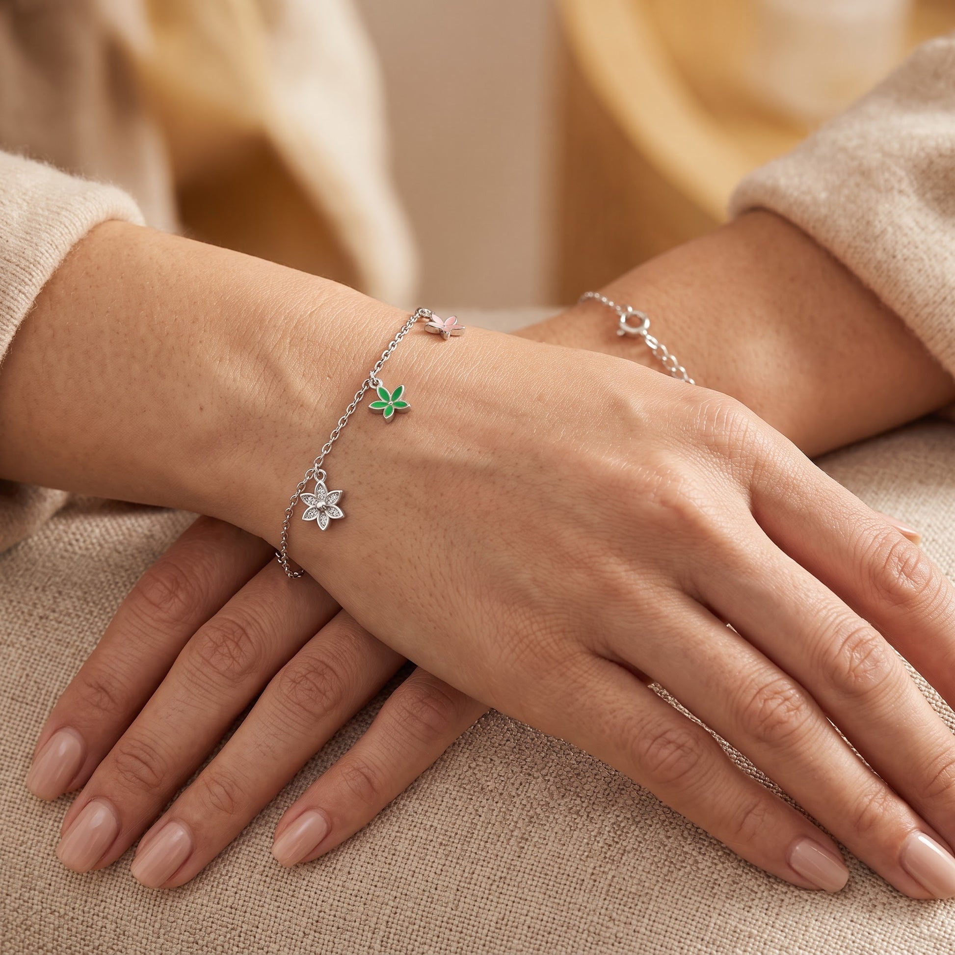 Sterling Silver Dainty Multi-Colored Charm Flower Hand Painted Clear CZ Bracelet for Women, Dainty Everyday Jewelry Gift view 4