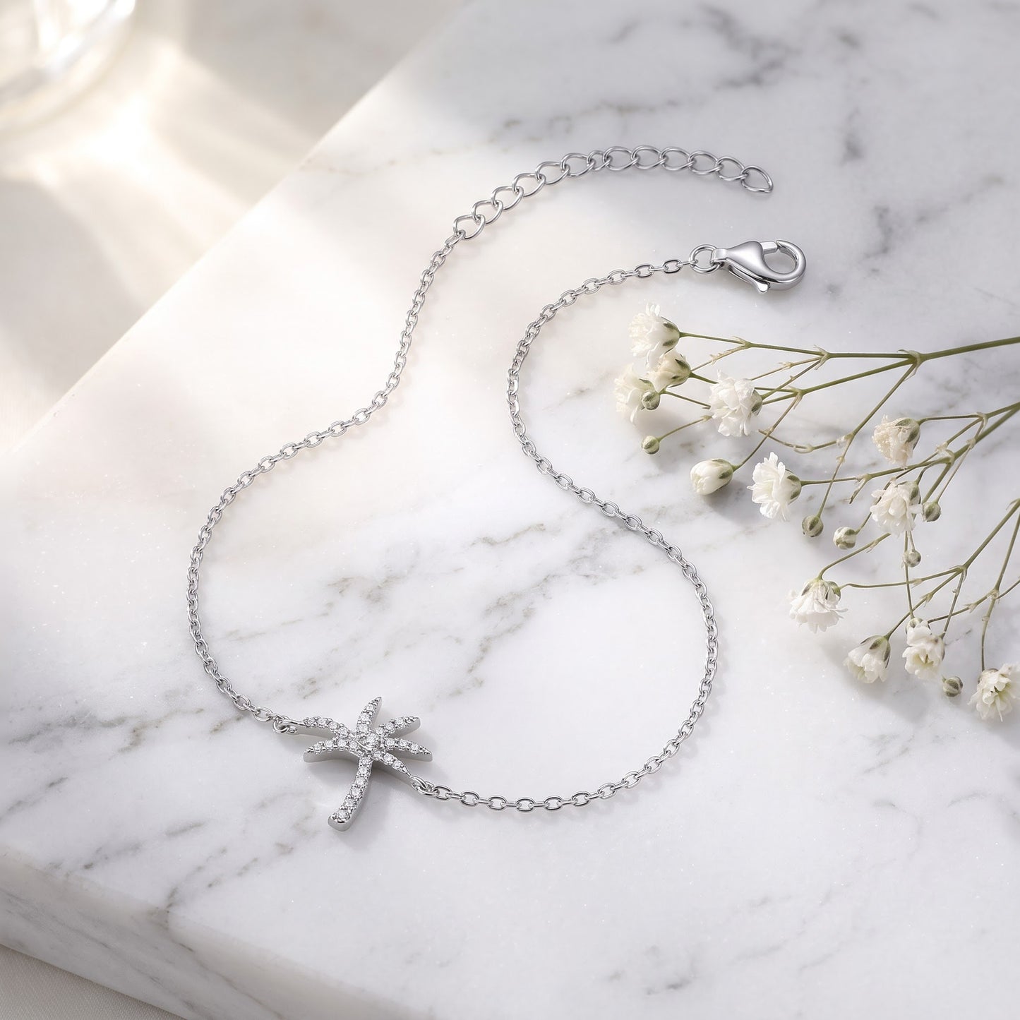 Sterling Silver Palm Tree Round Cut Clear CZ Bracelet for Women, Chain Link, Dainty Everyday Jewelry Gift view 1