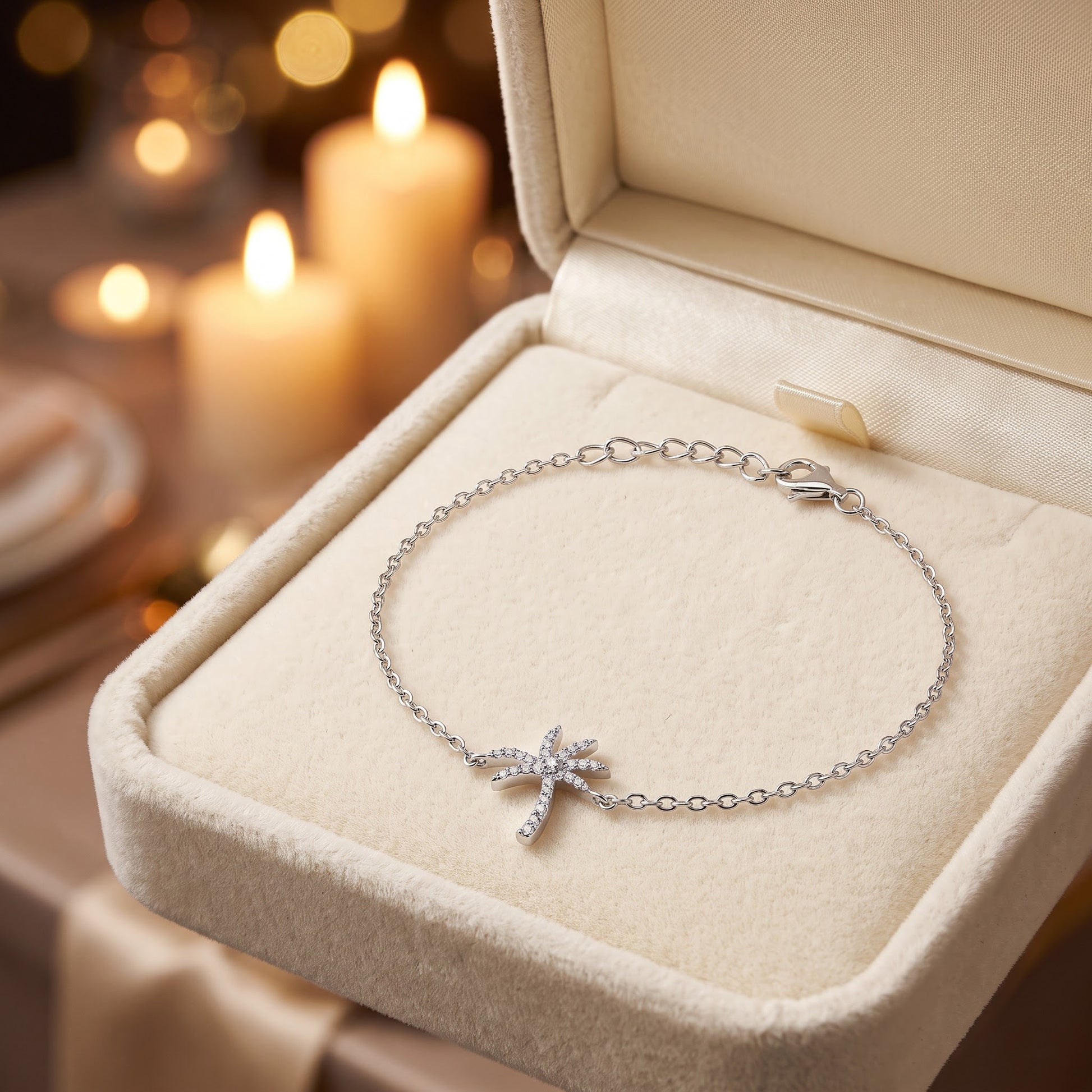Sterling Silver Palm Tree Round Cut Clear CZ Bracelet for Women, Chain Link, Dainty Everyday Jewelry Gift view 2