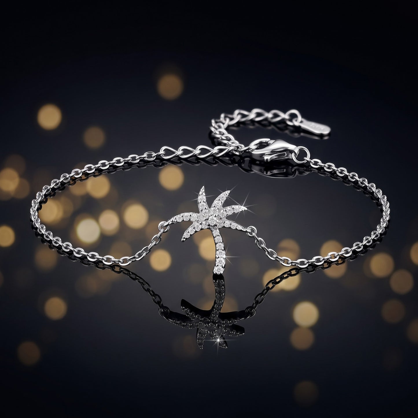 Sterling Silver Palm Tree Round Cut Clear CZ Bracelet for Women, Chain Link, Dainty Everyday Jewelry Gift view 3