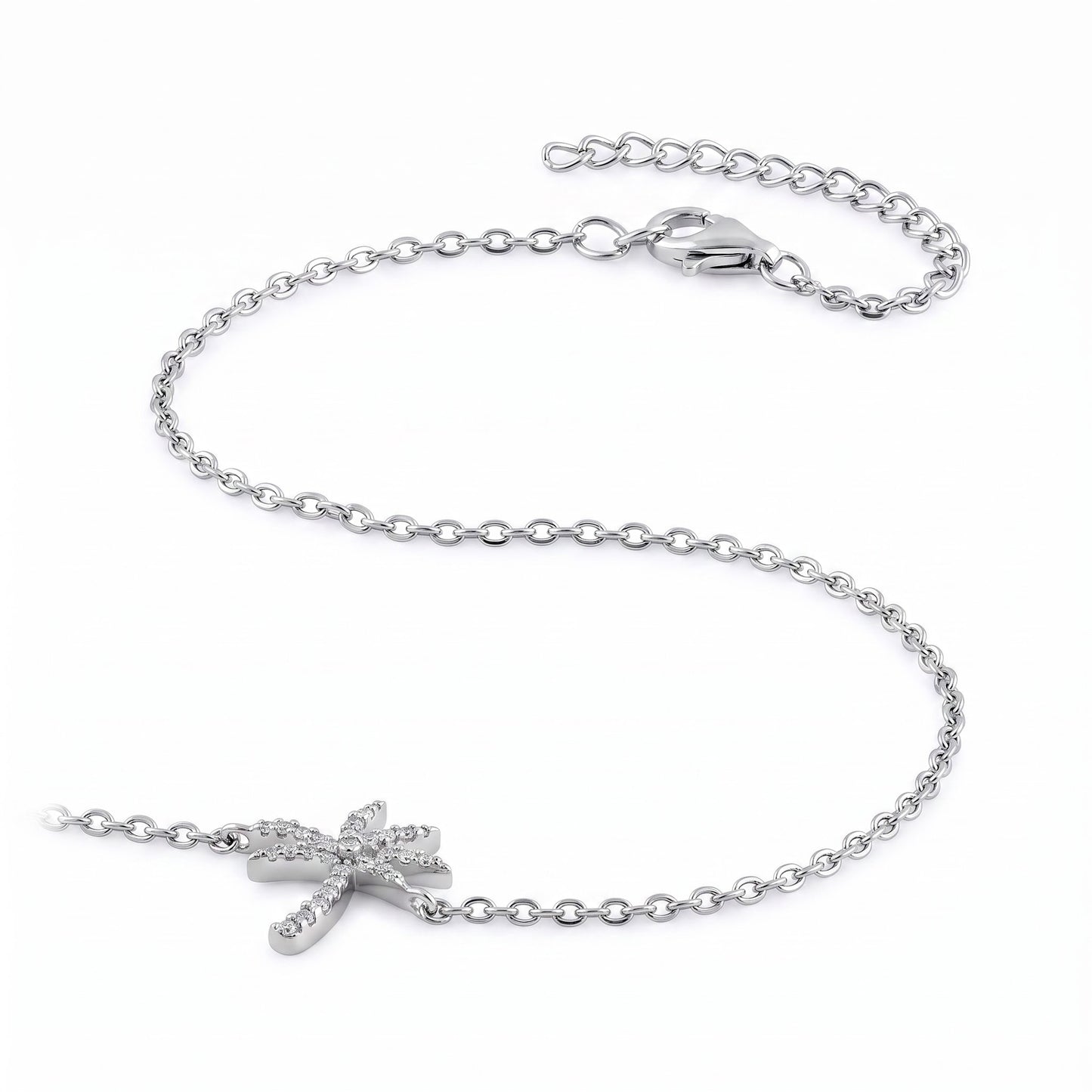 Sterling Silver Palm Tree Round Cut Clear CZ Bracelet for Women, Chain Link, Dainty Everyday Jewelry Gift