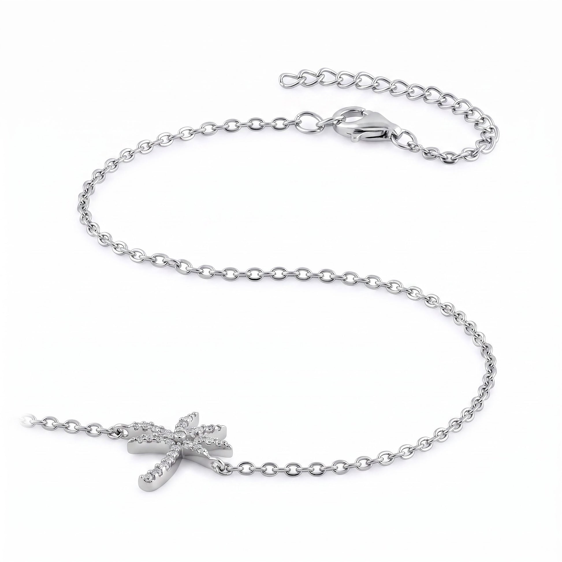 Sterling Silver Palm Tree Round Cut Clear CZ Bracelet for Women, Chain Link, Dainty Everyday Jewelry Gift