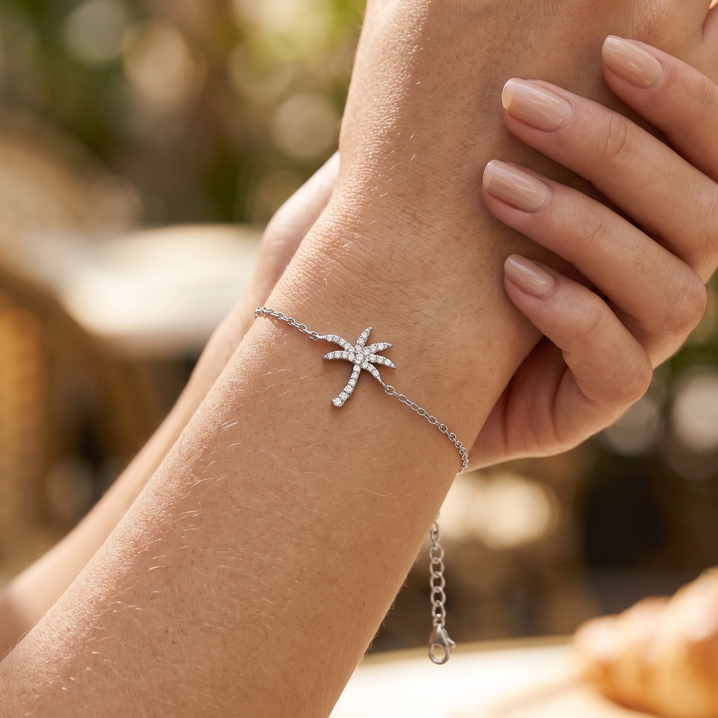Sterling Silver Palm Tree Round Cut Clear CZ Bracelet for Women, Chain Link, Dainty Everyday Jewelry Gift view 4