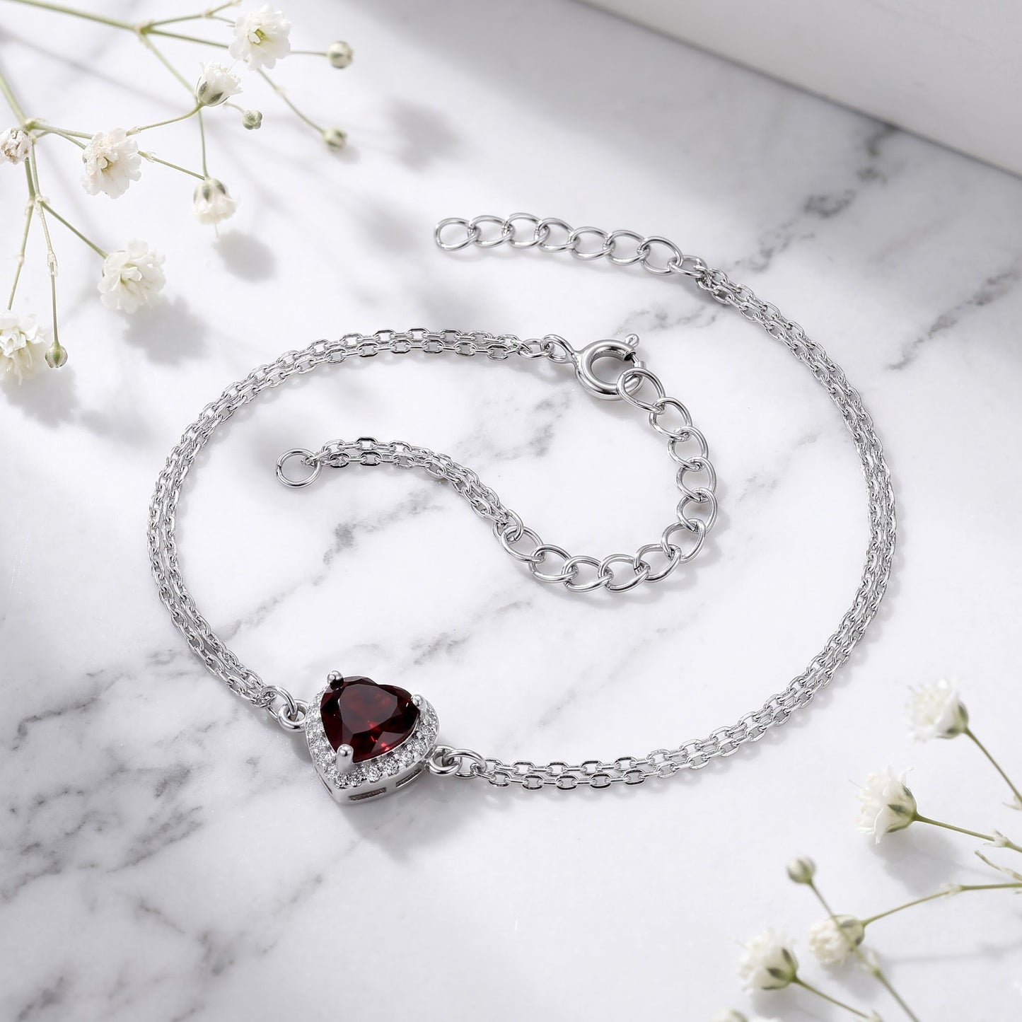 Sterling Silver Dark Garnet & Clear CZ Heart Halo Bracelet for Women, Dainty Everyday Jewelry Gift view 1