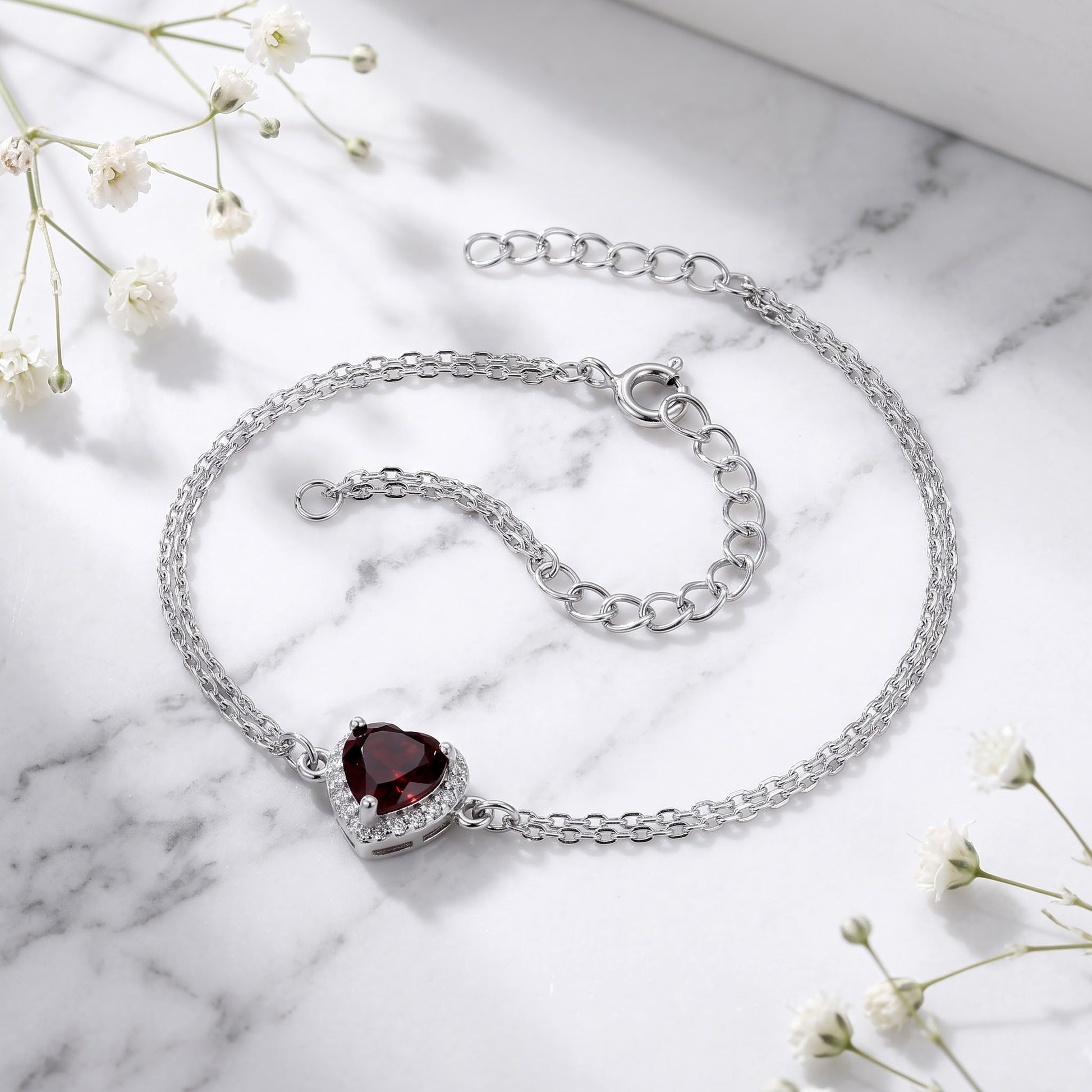 Sterling Silver Dark Garnet & Clear CZ Heart Halo Bracelet for Women, Dainty Everyday Jewelry Gift view 1