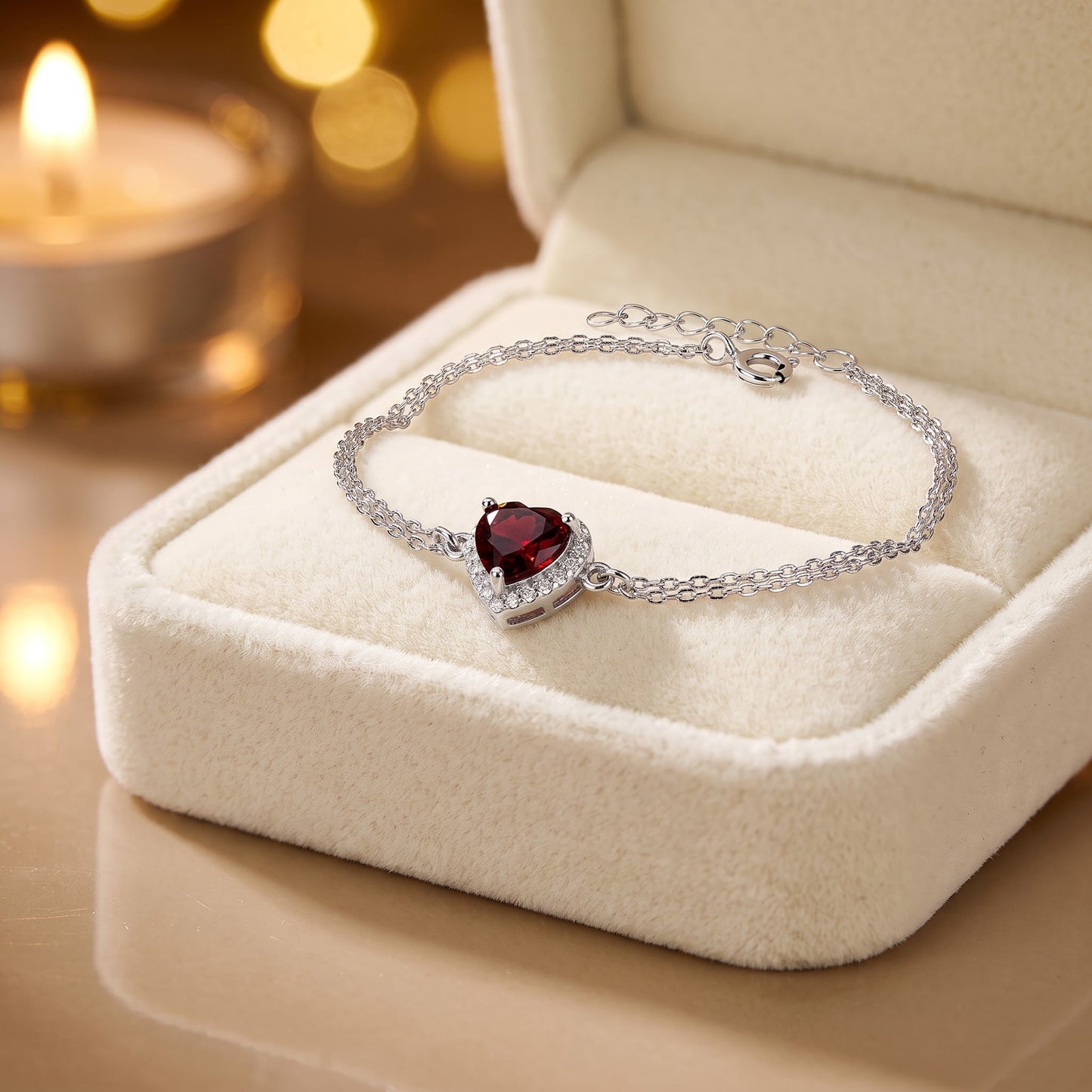 Sterling Silver Dark Garnet & Clear CZ Heart Halo Bracelet for Women, Dainty Everyday Jewelry Gift view 2