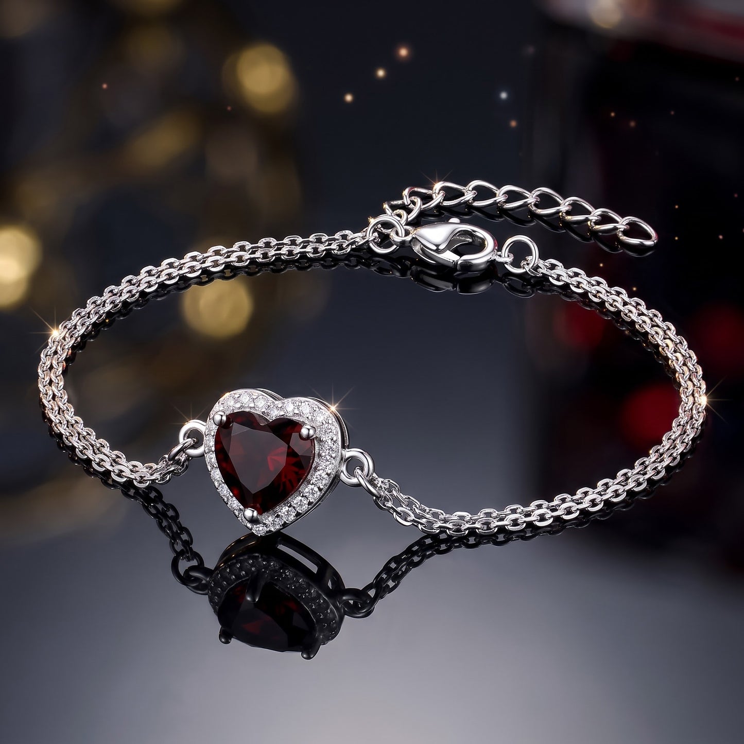 Sterling Silver Dark Garnet & Clear CZ Heart Halo Bracelet for Women, Dainty Everyday Jewelry Gift view 3