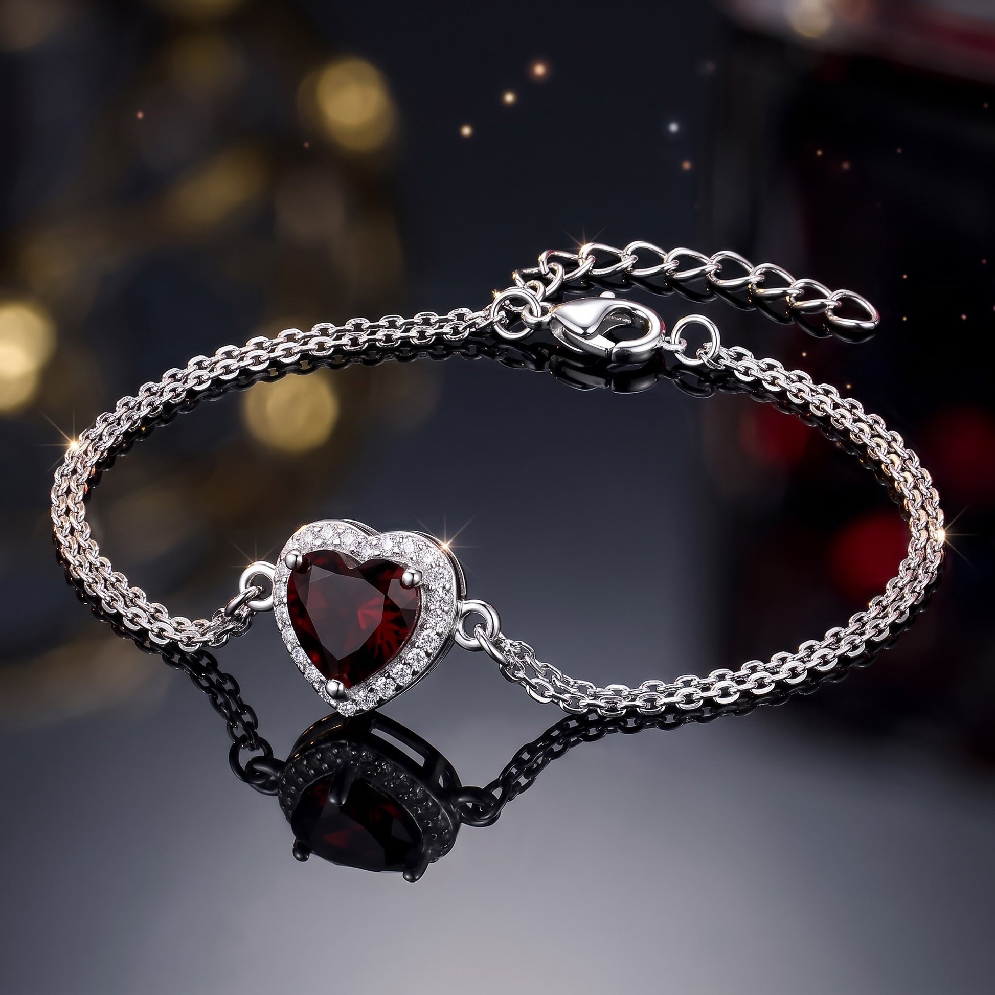 Sterling Silver Dark Garnet & Clear CZ Heart Halo Bracelet for Women, Dainty Everyday Jewelry Gift view 3
