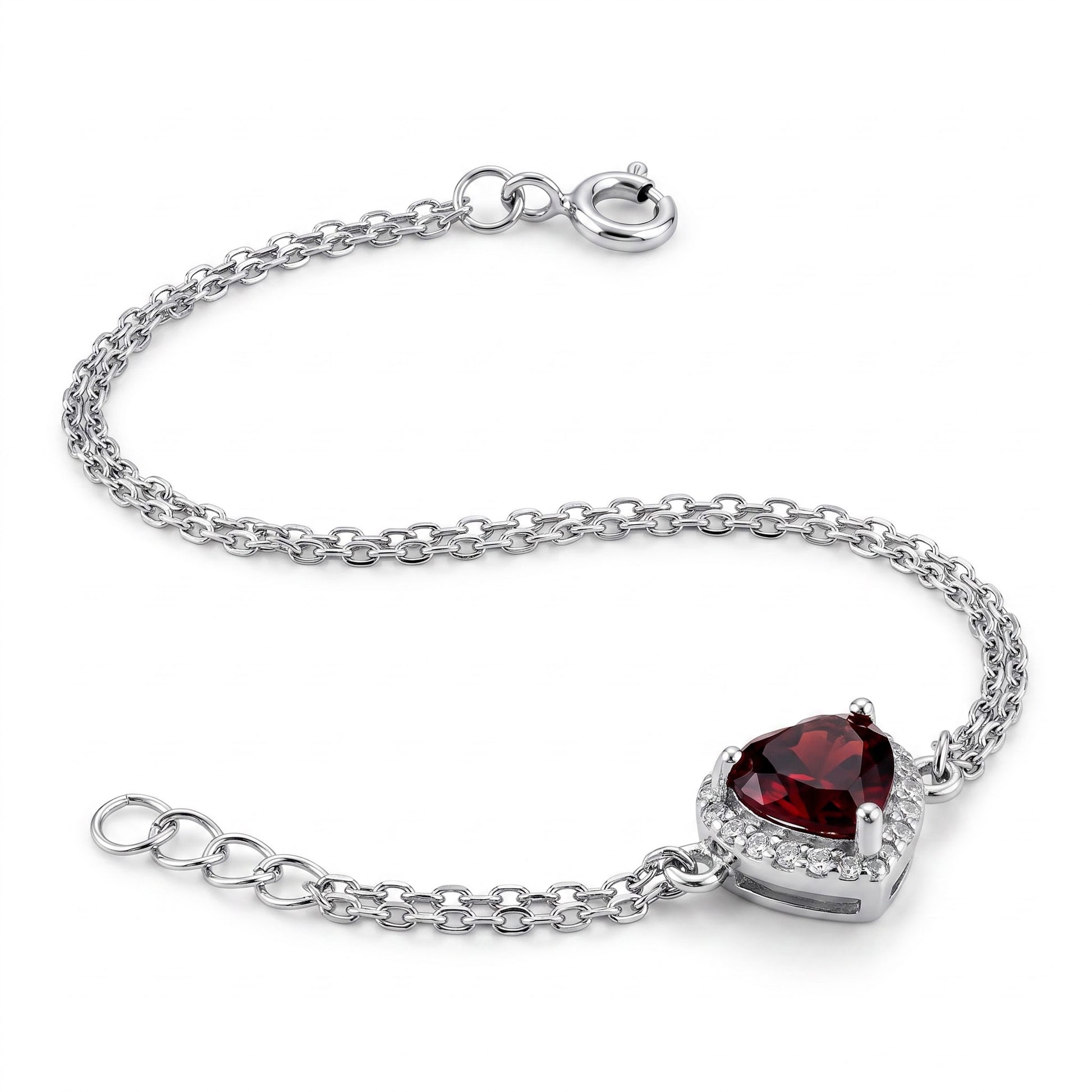 Sterling Silver Dark Garnet & Clear CZ Heart Halo Bracelet for Women, Dainty Everyday Jewelry Gift