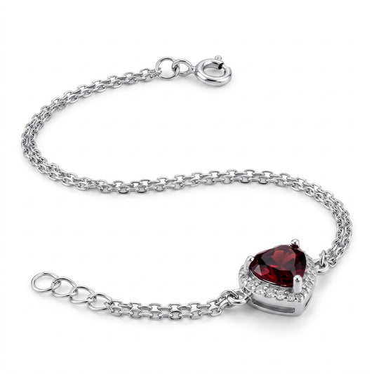 Sterling Silver Dark Garnet & Clear CZ Heart Halo Bracelet for Women, Dainty Everyday Jewelry Gift