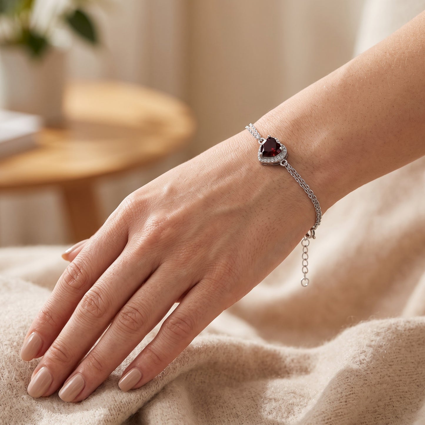 Sterling Silver Dark Garnet & Clear CZ Heart Halo Bracelet for Women, Dainty Everyday Jewelry Gift view 4