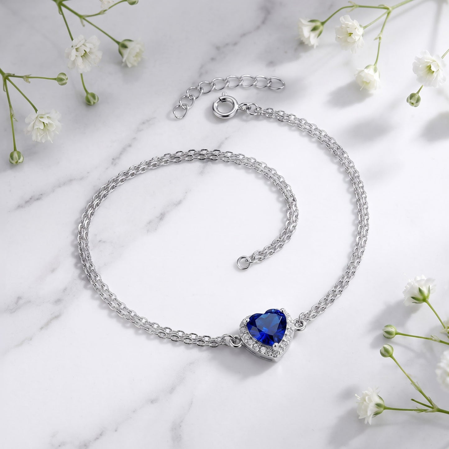 Sterling Silver Blue & Clear CZ Heart Halo Bracelet for Women, Dainty Everyday Jewelry Gift view 1