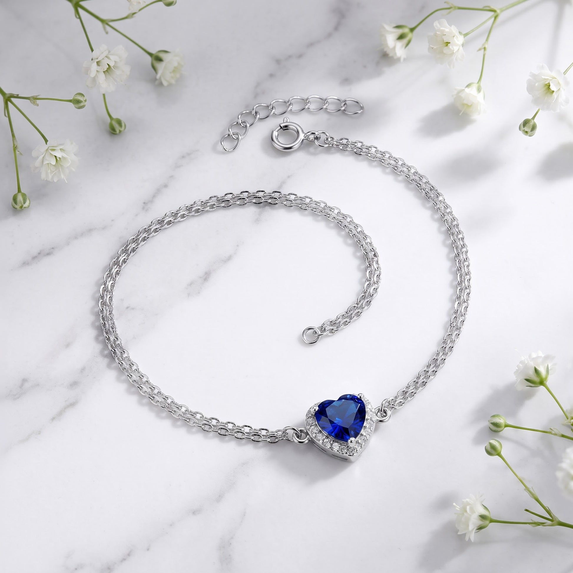 Sterling Silver Blue & Clear CZ Heart Halo Bracelet for Women, Dainty Everyday Jewelry Gift view 1