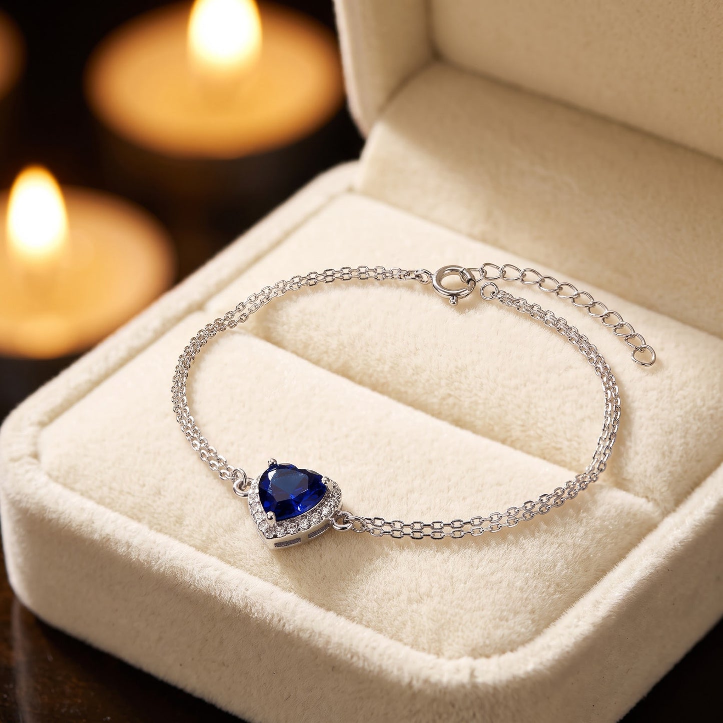Sterling Silver Blue & Clear CZ Heart Halo Bracelet for Women, Dainty Everyday Jewelry Gift view 2