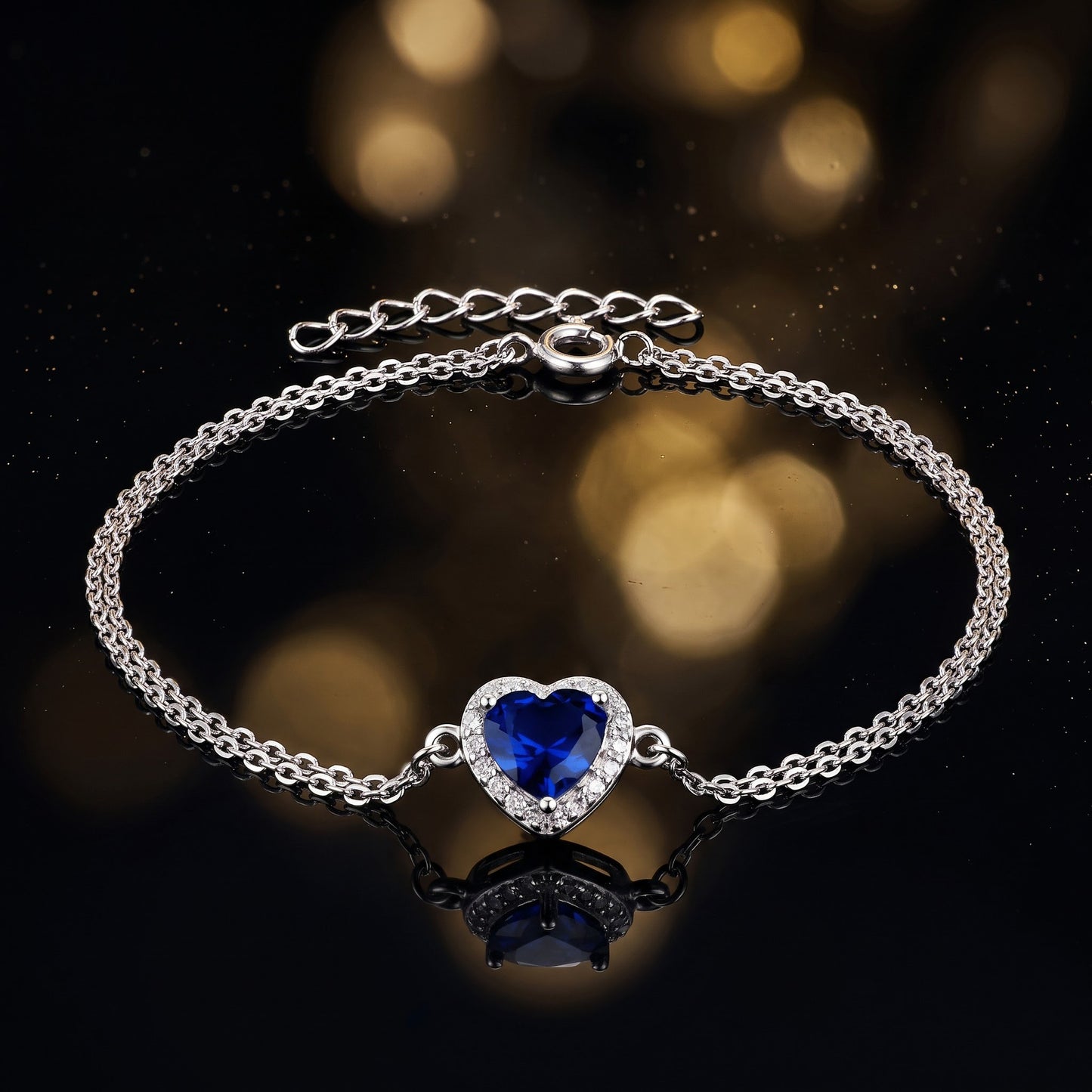 Sterling Silver Blue & Clear CZ Heart Halo Bracelet for Women, Dainty Everyday Jewelry Gift view 3