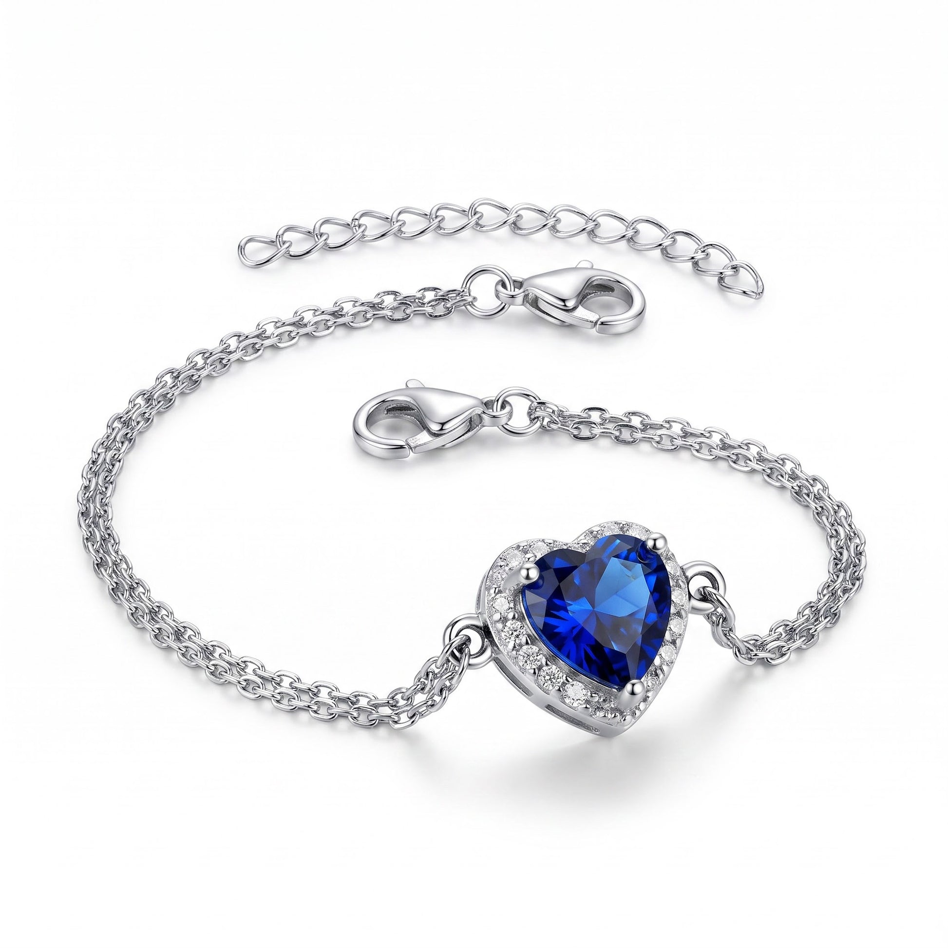 Sterling Silver Blue & Clear CZ Heart Halo Bracelet for Women, Dainty Everyday Jewelry Gift