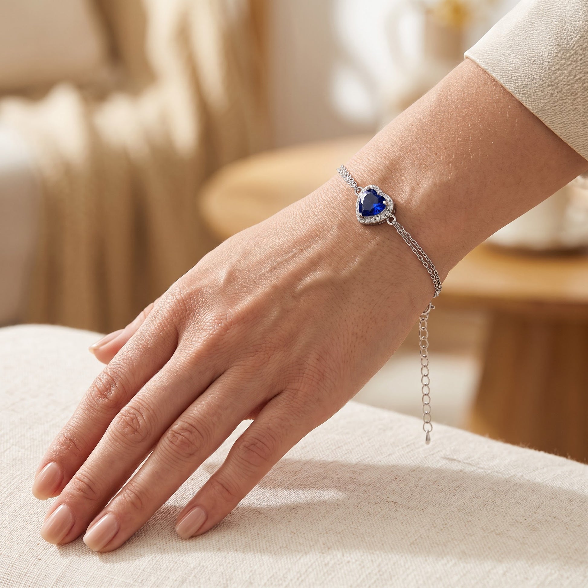 Sterling Silver Blue & Clear CZ Heart Halo Bracelet for Women, Dainty Everyday Jewelry Gift view 4