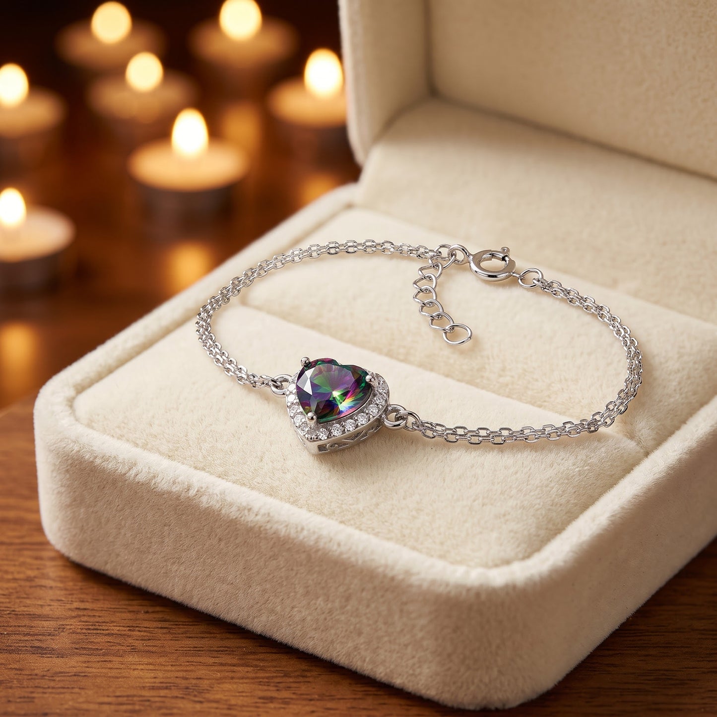 Sterling Silver Rainbow & Clear CZ Heart Halo Bracelet for Women, Dainty Everyday Jewelry Gift view 2