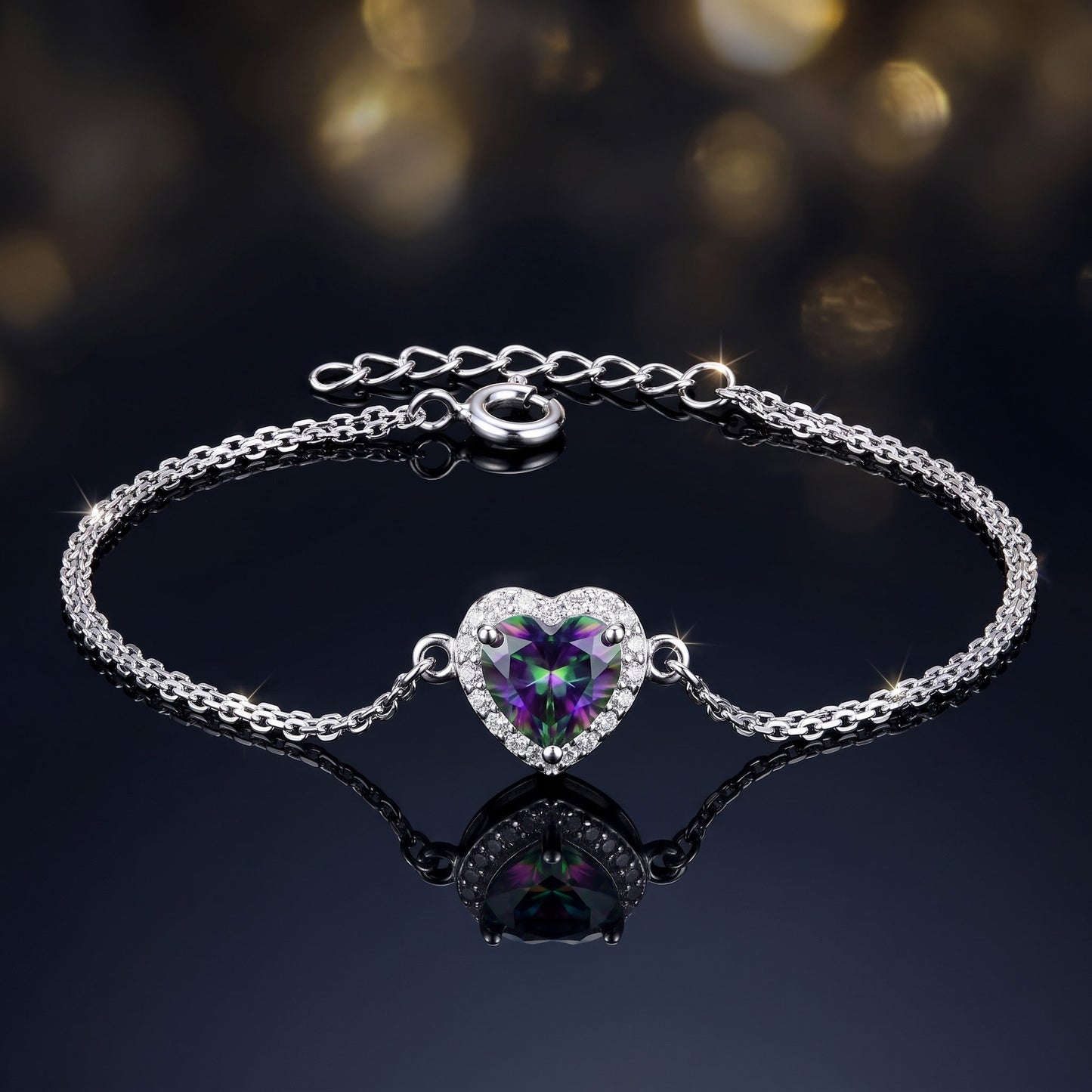 Sterling Silver Rainbow & Clear CZ Heart Halo Bracelet for Women, Dainty Everyday Jewelry Gift view 3