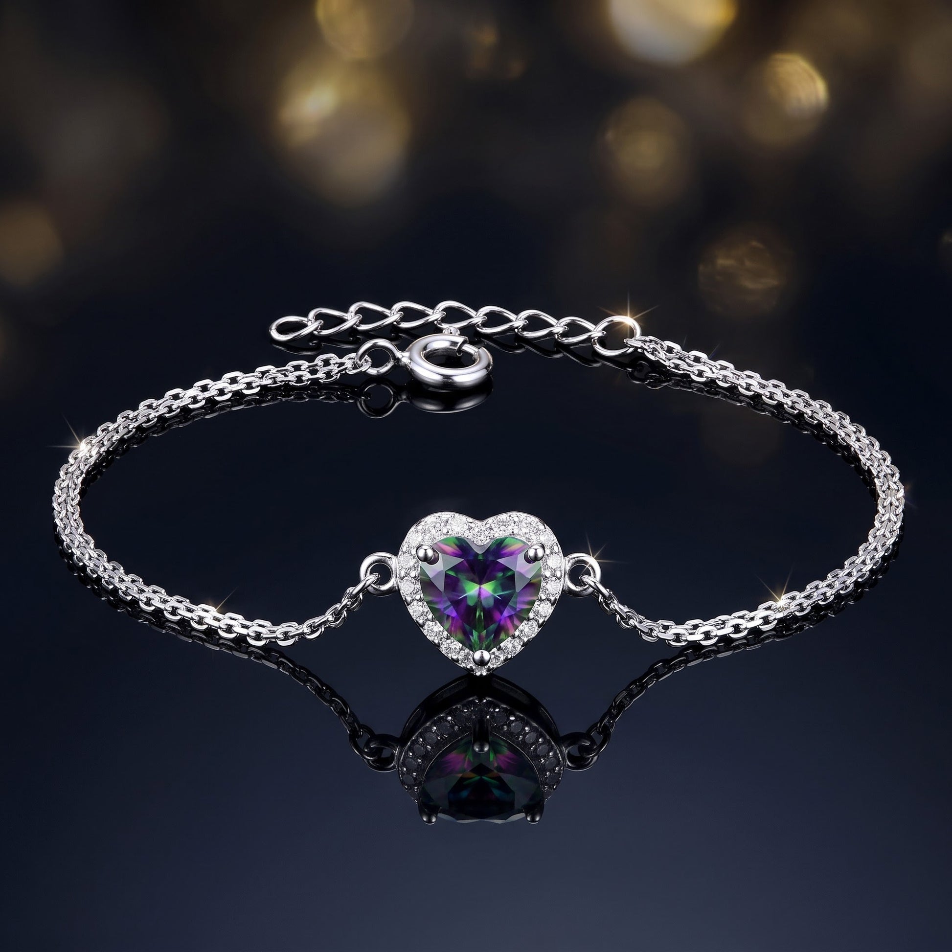 Sterling Silver Rainbow & Clear CZ Heart Halo Bracelet for Women, Dainty Everyday Jewelry Gift view 3
