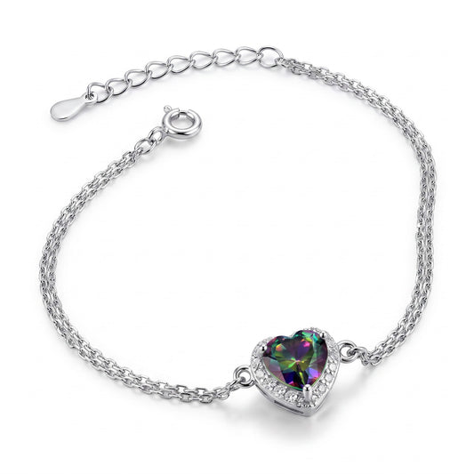 Sterling Silver Rainbow & Clear CZ Heart Halo Bracelet for Women, Dainty Everyday Jewelry Gift