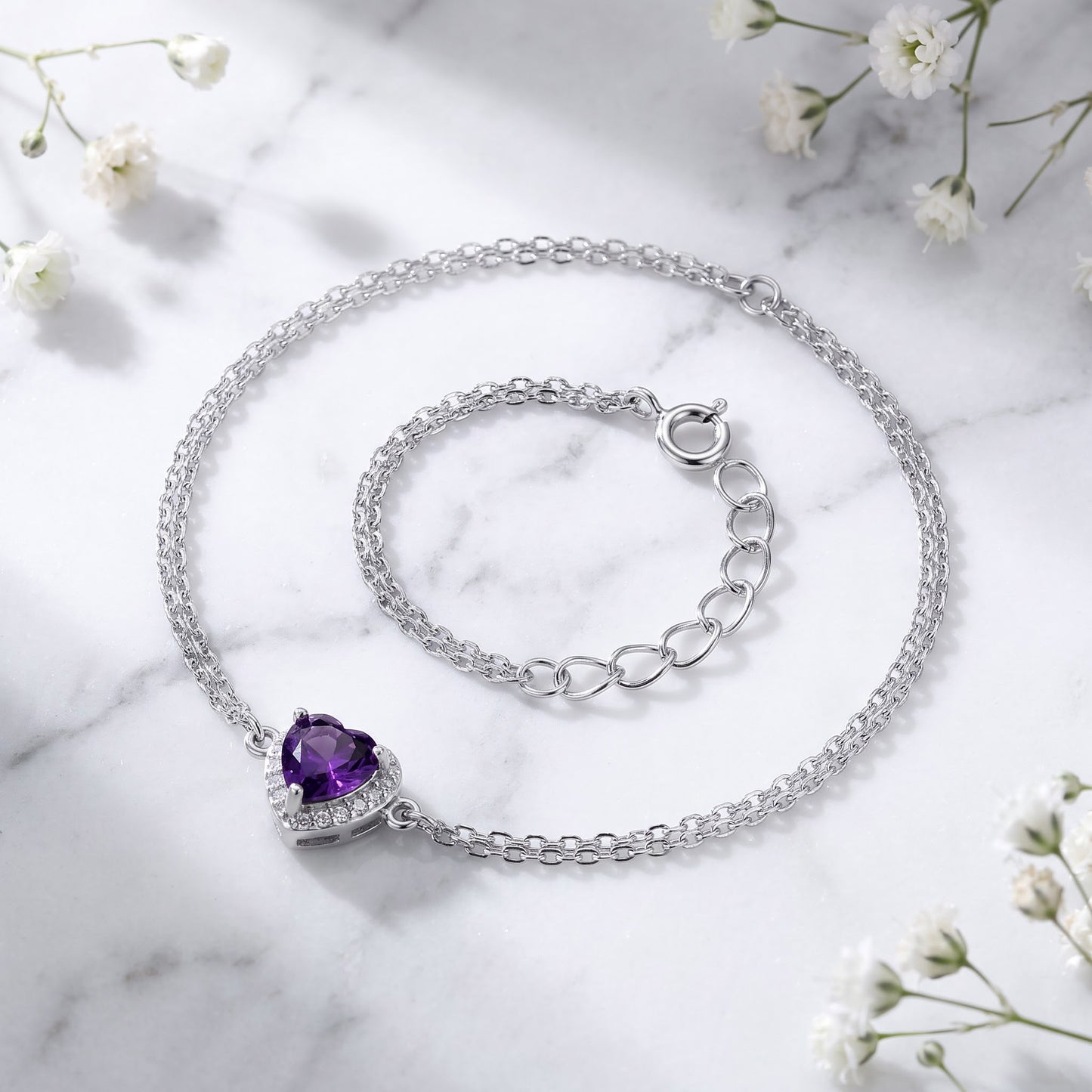 Sterling Silver Amethyst & Clear CZ Heart Halo Bracelet for Women, Dainty Everyday Jewelry Gift view 1