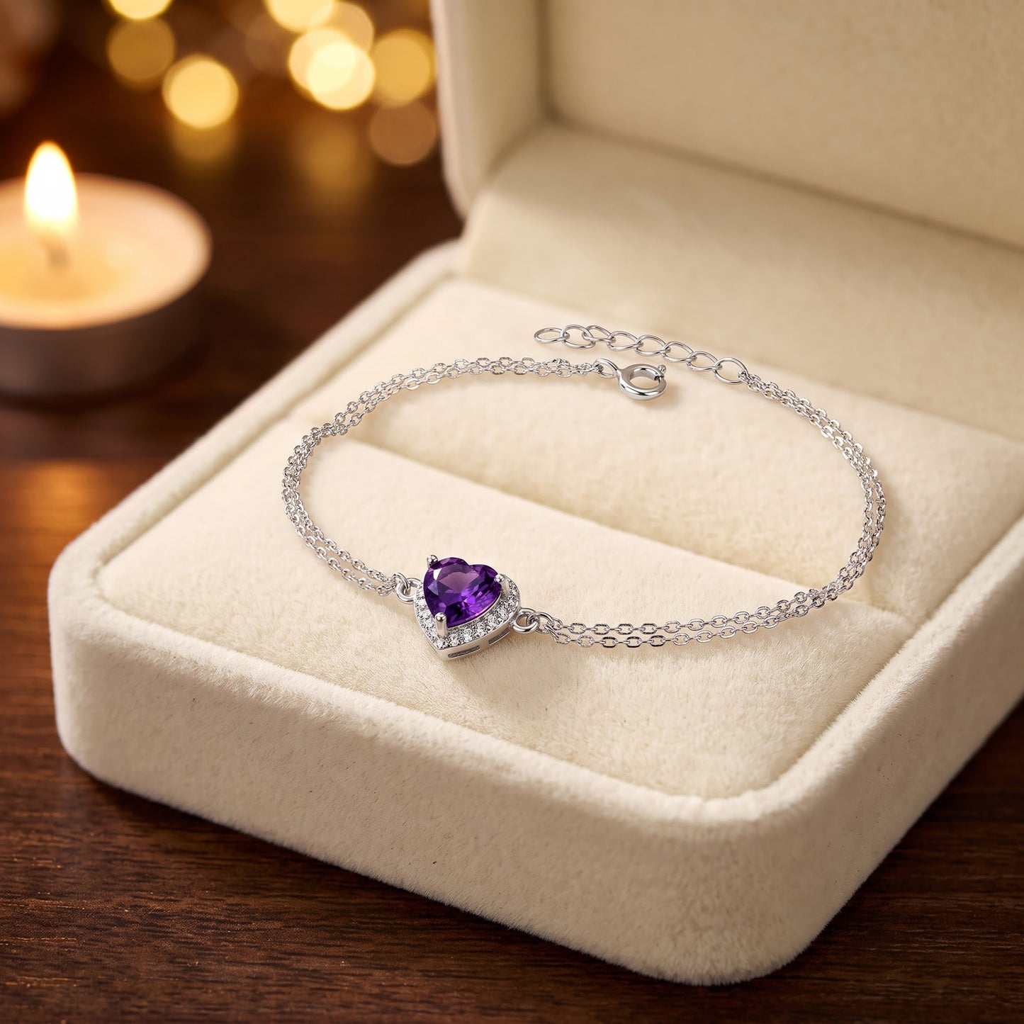 Sterling Silver Amethyst & Clear CZ Heart Halo Bracelet for Women, Dainty Everyday Jewelry Gift view 2