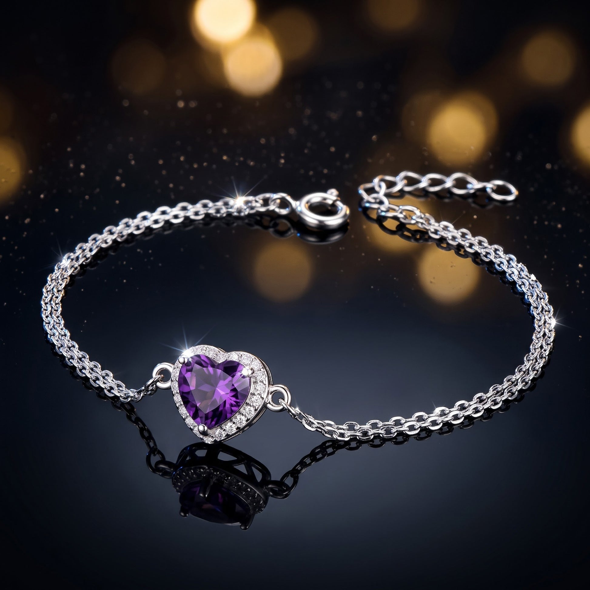 Sterling Silver Amethyst & Clear CZ Heart Halo Bracelet for Women, Dainty Everyday Jewelry Gift view 3