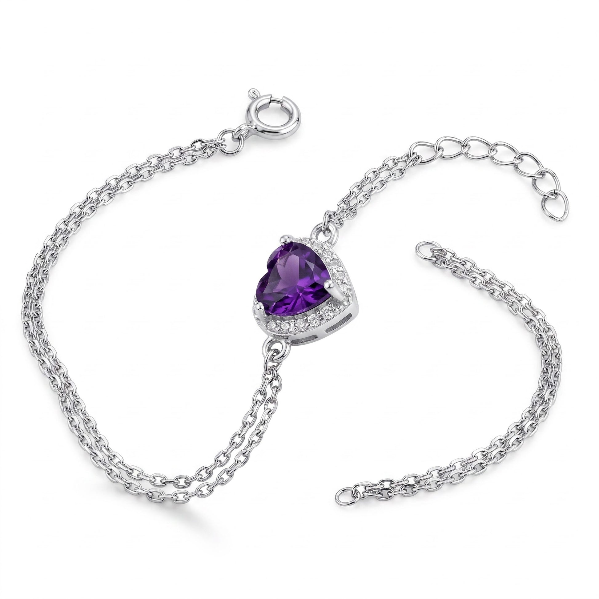 Sterling Silver Amethyst & Clear CZ Heart Halo Bracelet for Women, Dainty Everyday Jewelry Gift